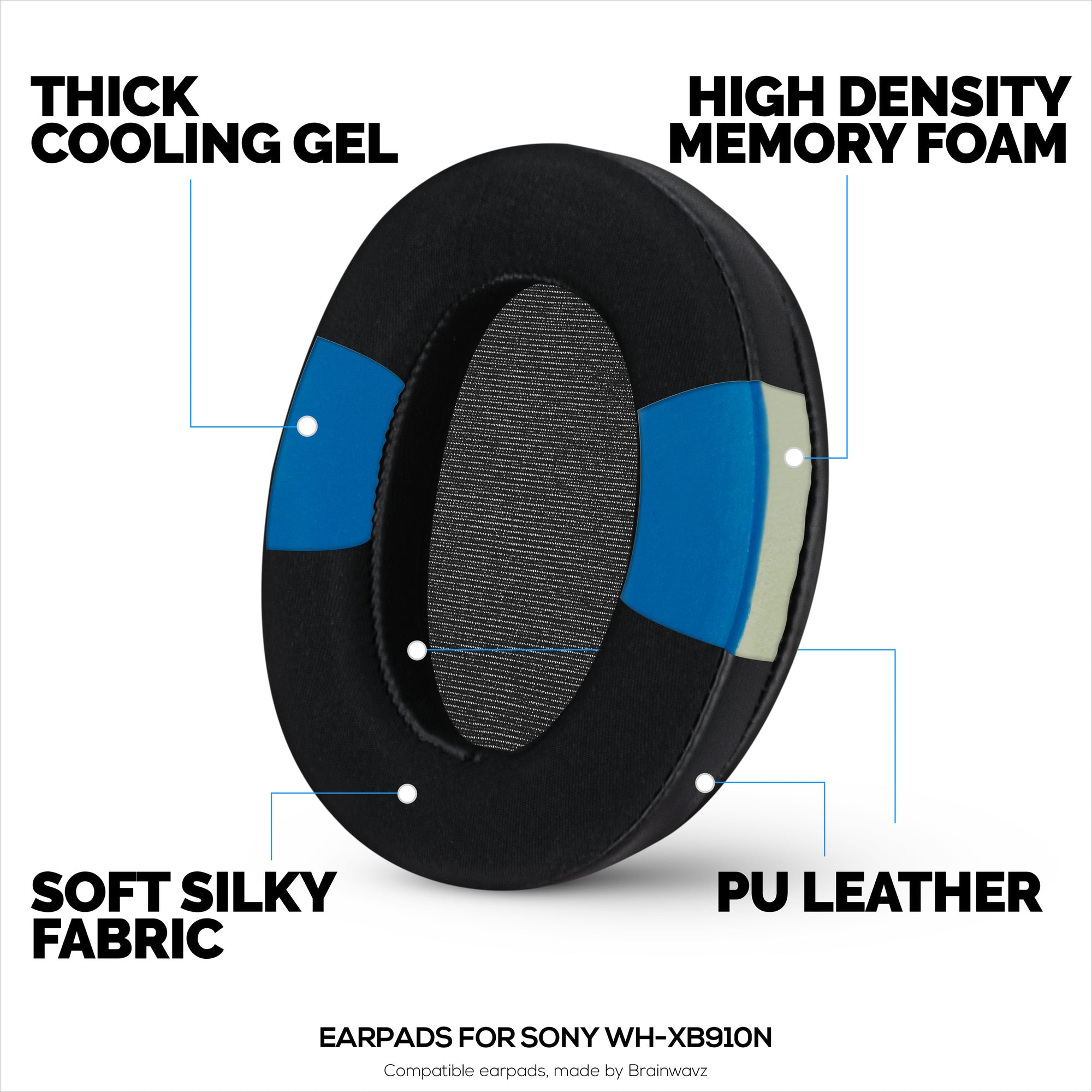 Hybrid Earpads for Sony WH-XB910N Headphones, Cool Gel, Super Soft Fabric, PU Leather &amp; Thicker Memory Foam