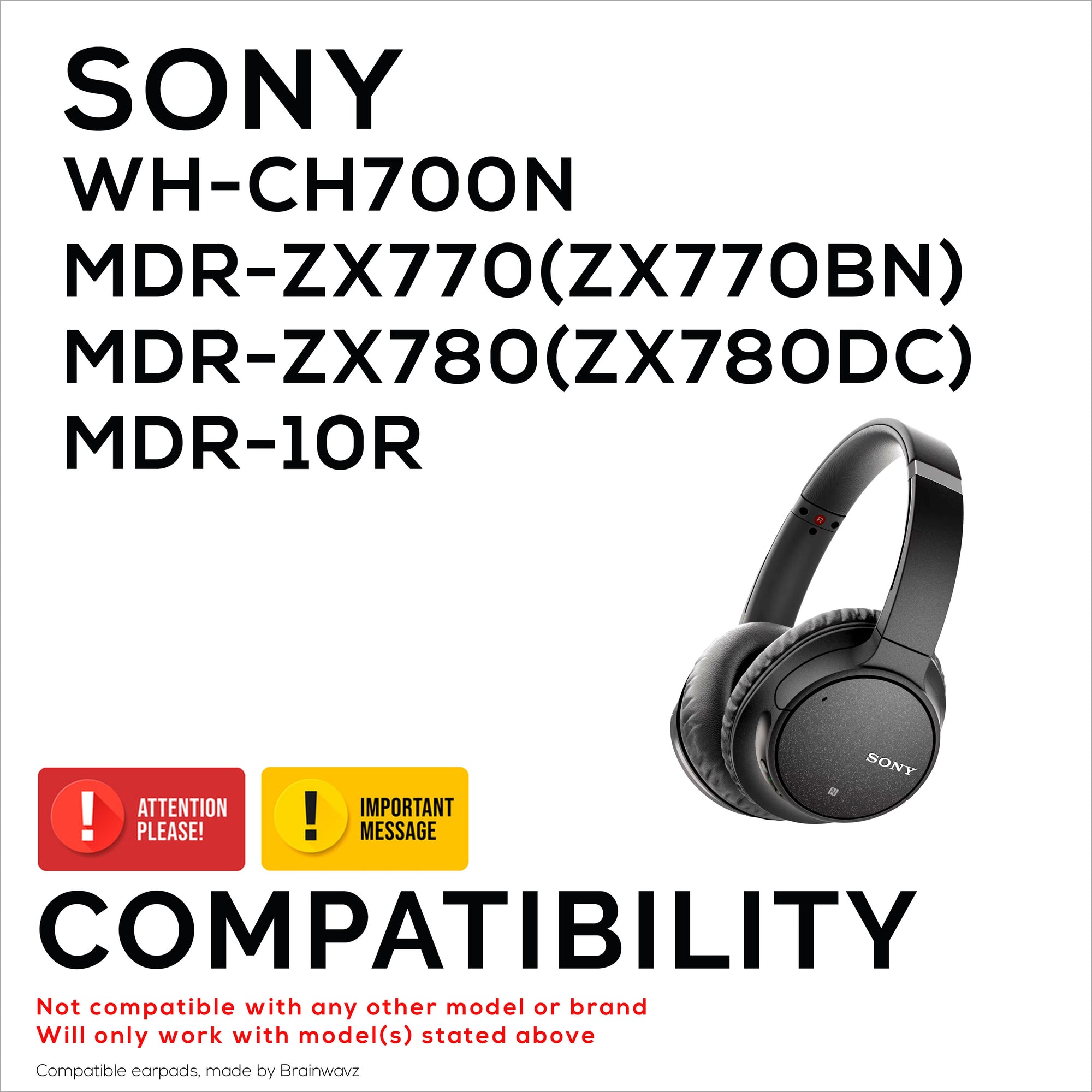 Replacement Earpads for Sony WH-CH700N, MDR-ZX770 (ZX770BN), MDR-ZX780 (ZX780DC) &amp; MDR-10R Headphones, PU Leather, Memory Foam