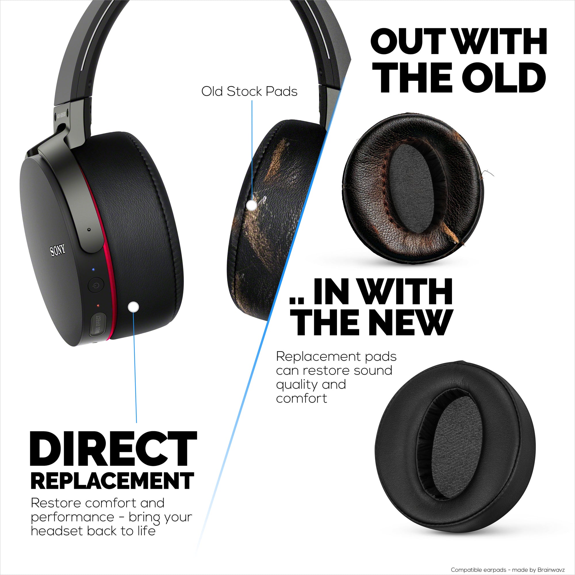 Replacement Earpads for Sony MDR-XB950BT, XB950N1, XB950B1, XB950AP &amp; XB950/H Headphones, PU Leather, Memory Foam