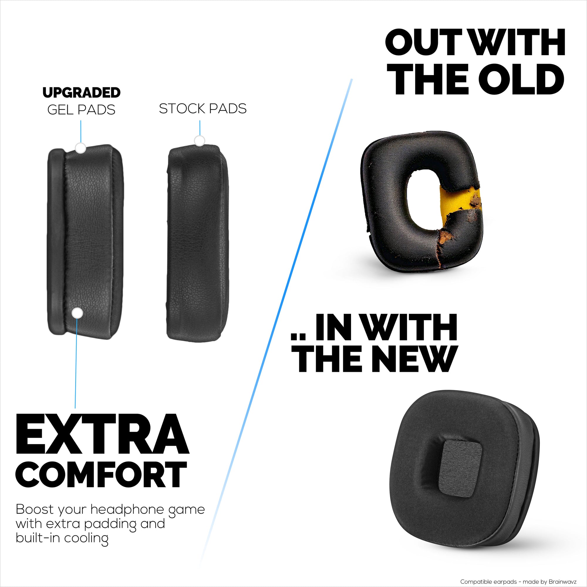 Hybrid Earpads for Marshall Major 4 Headphones, Cool Gel, PU Leather &amp; Thicker Memory Foam For Additional Comfort