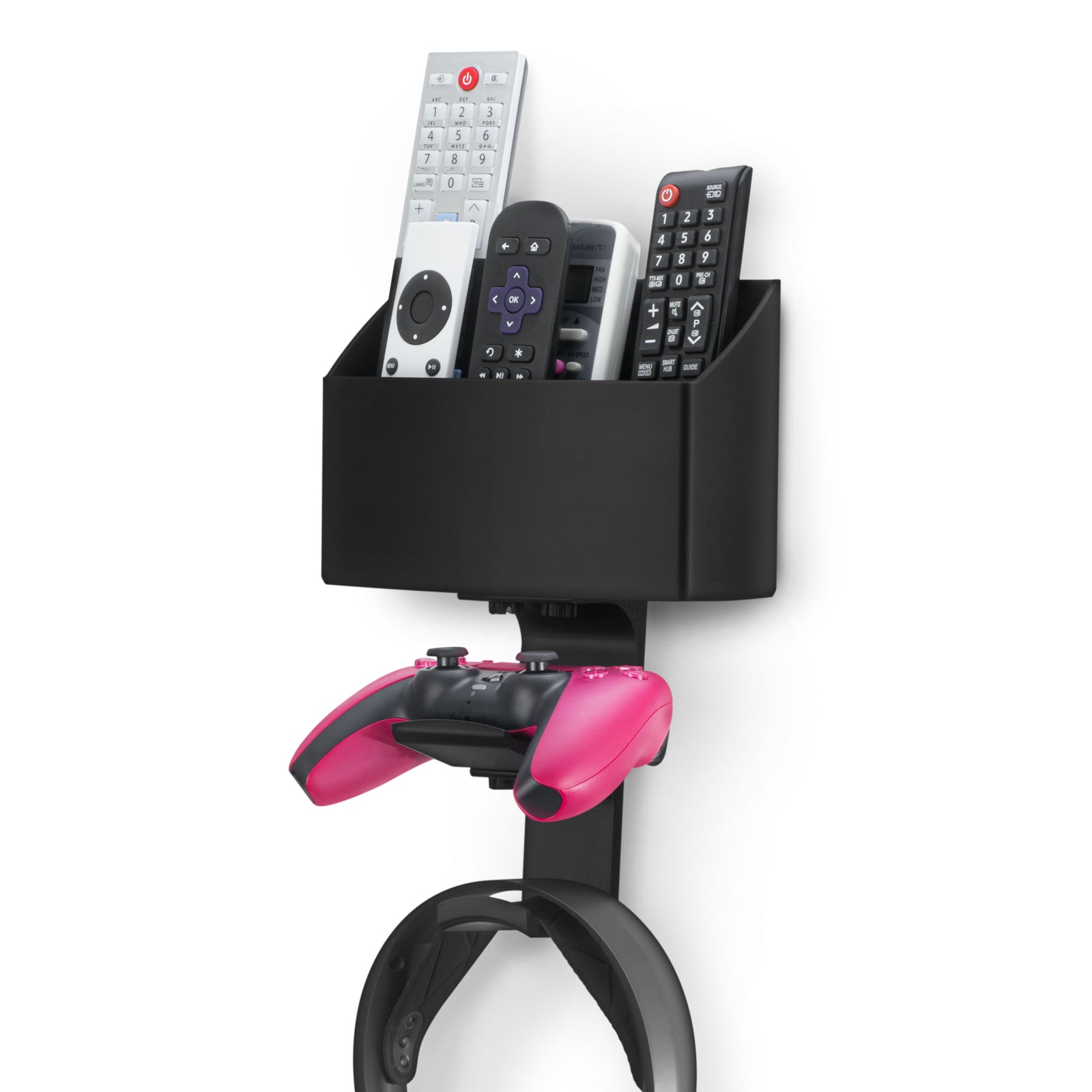 Wall-Mounted TV Remote Control & Gaming Organizer – Remote Holder with Removable Headset & Controller Hangers