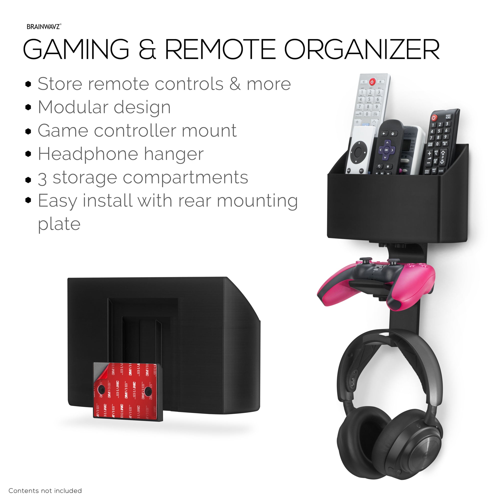 Wall-Mounted TV Remote Control &amp; Gaming Organizer – Remote Holder with Removable Headset &amp; Controller Hangers