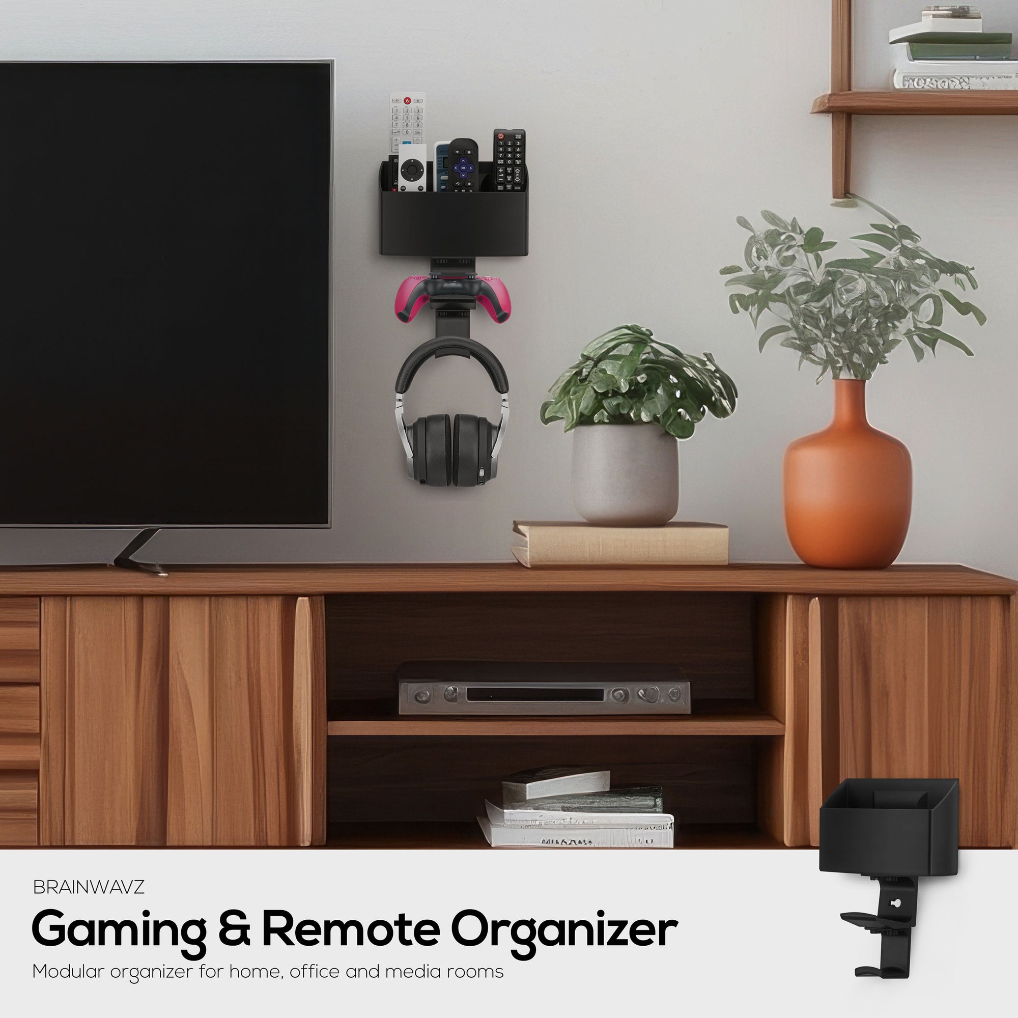 Wall-Mounted TV Remote Control &amp; Gaming Organizer – Remote Holder with Removable Headset &amp; Controller Hangers