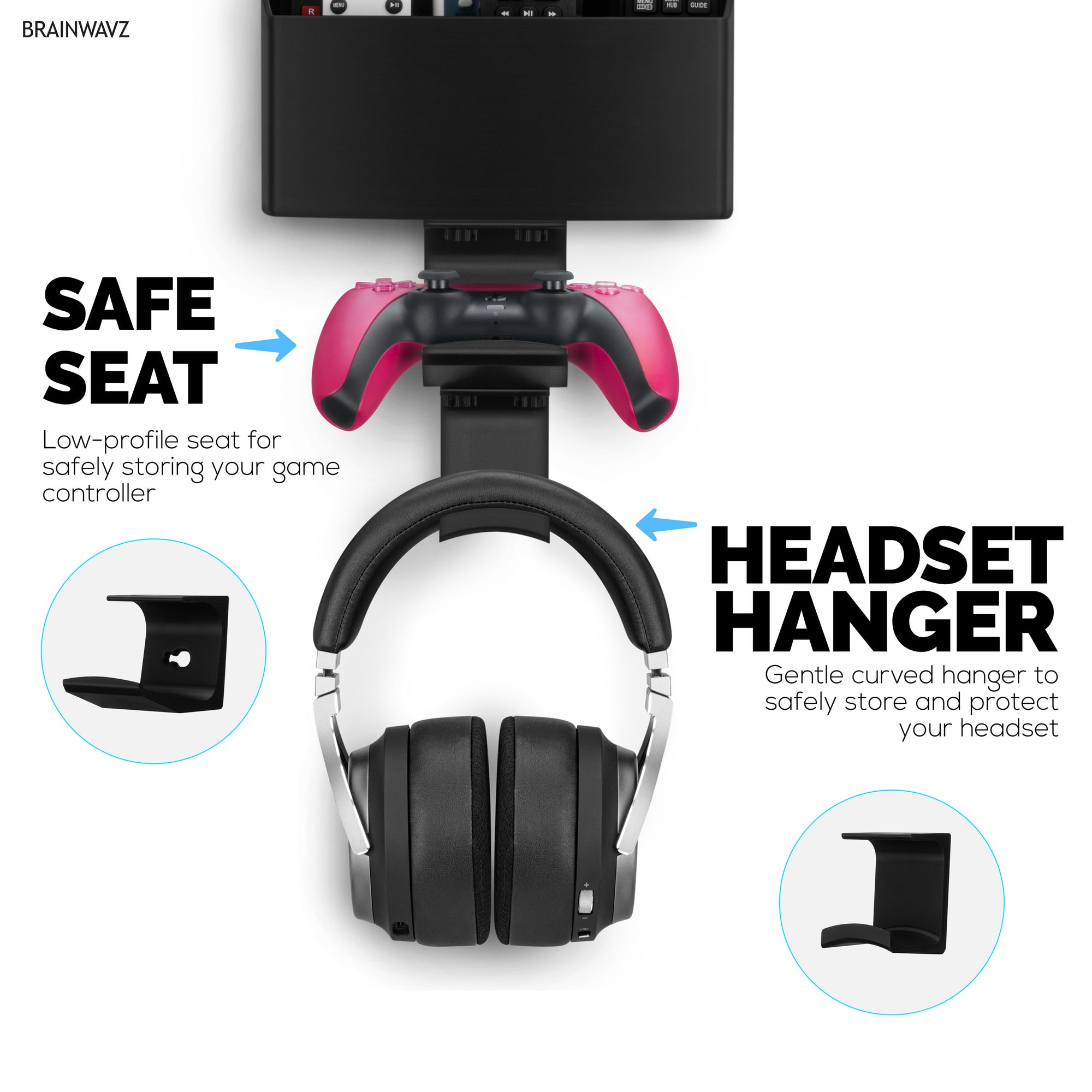 Wall-Mounted TV Remote Control &amp; Gaming Organizer – Remote Holder with Removable Headset &amp; Controller Hangers