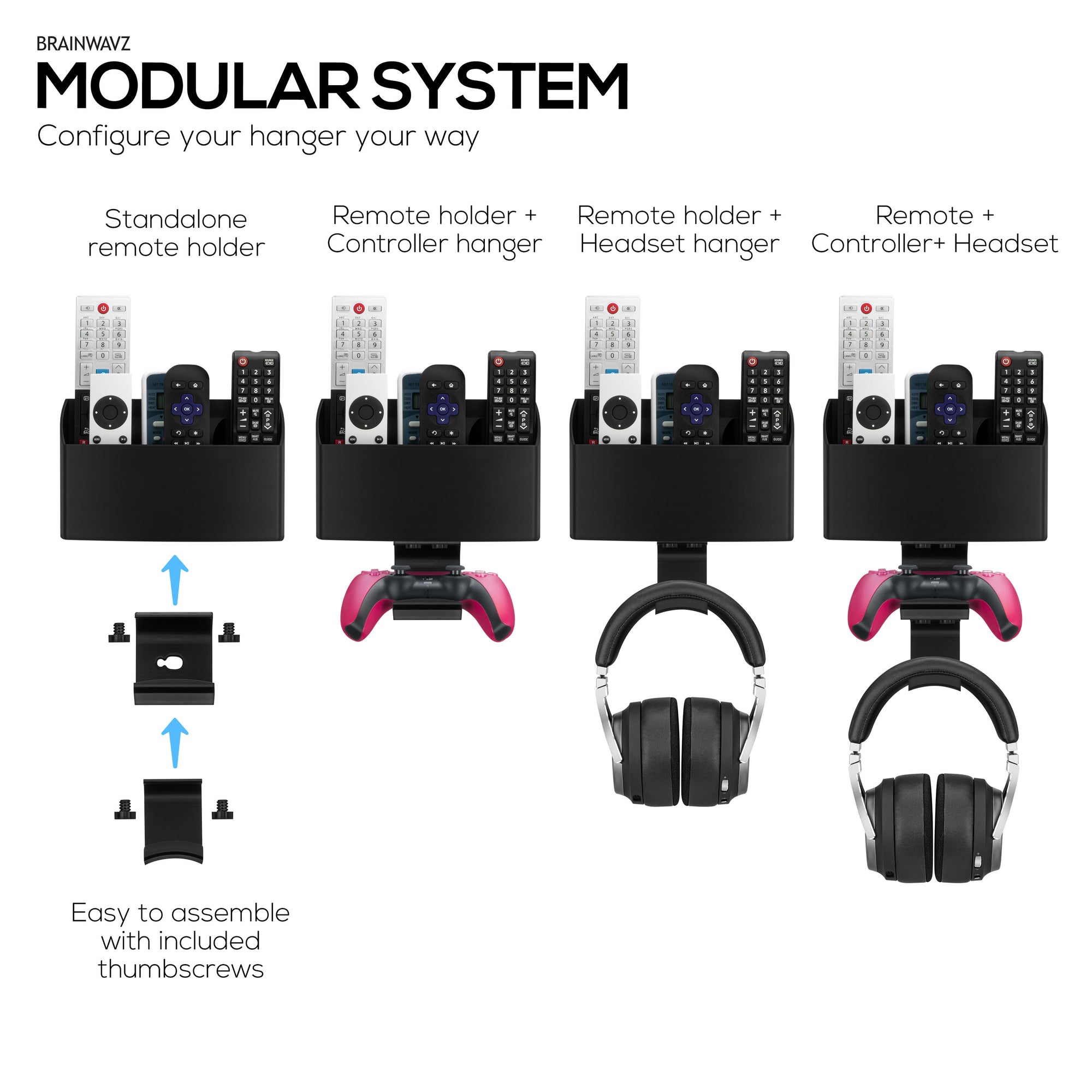 Wall-Mounted TV Remote Control &amp; Gaming Organizer – Remote Holder with Removable Headset &amp; Controller Hangers