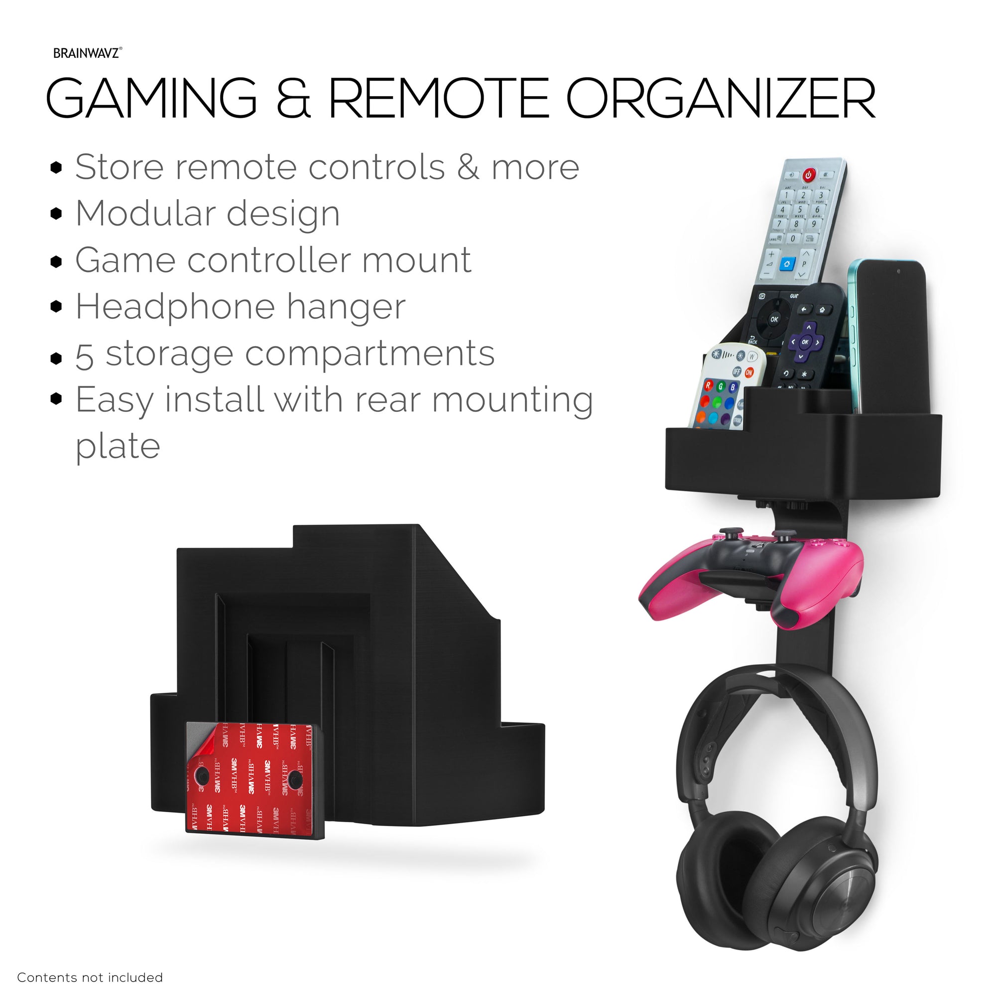 Wall-Mounted Remote &amp; Gaming Organizer – Remote/Mobile Holder with Removable Headset &amp; Controller Hangers