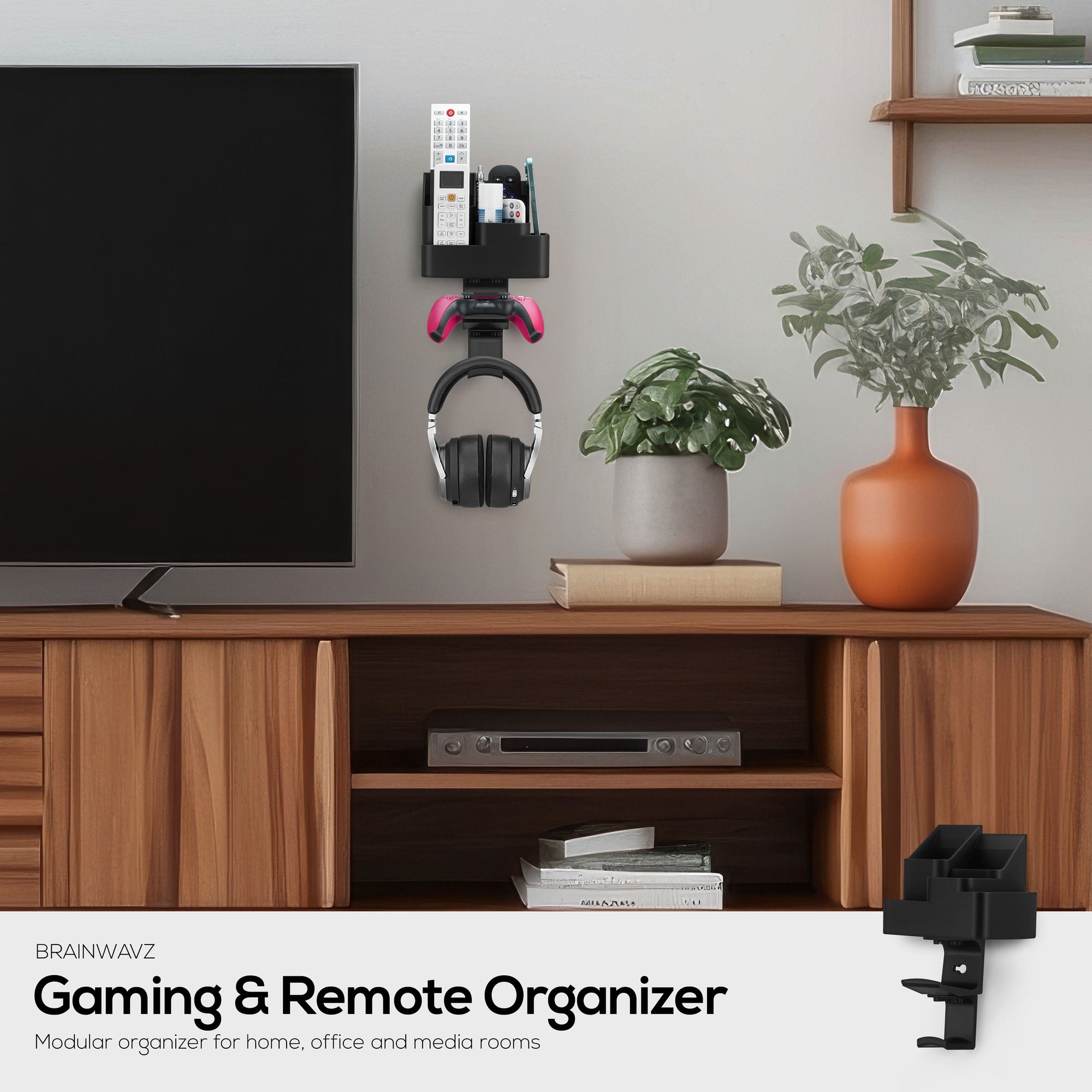 Wall-Mounted Remote &amp; Gaming Organizer – Remote/Mobile Holder with Removable Headset &amp; Controller Hangers