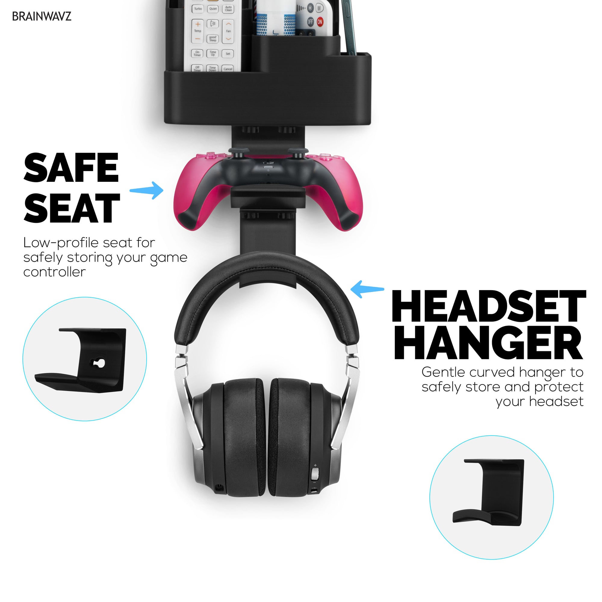 Wall-Mounted Remote &amp; Gaming Organizer – Remote/Mobile Holder with Removable Headset &amp; Controller Hangers