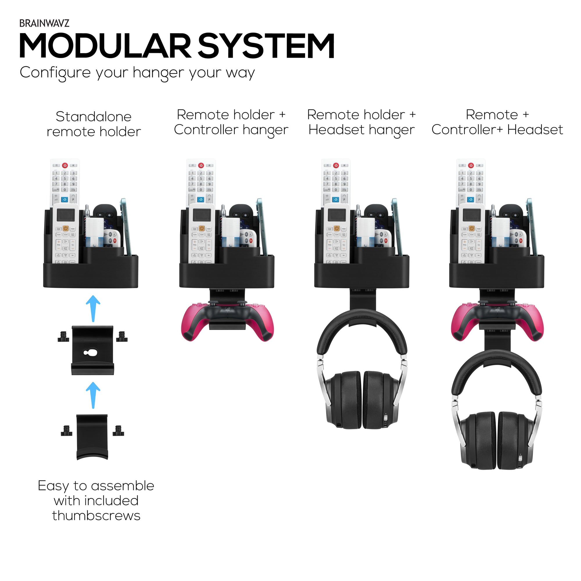 Wall-Mounted Remote &amp; Gaming Organizer – Remote/Mobile Holder with Removable Headset &amp; Controller Hangers