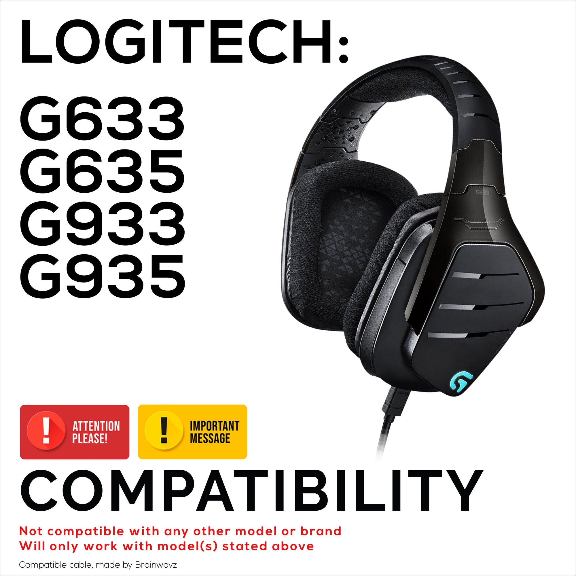 Replacement Audio Cable Compatible with Logitech G633, G635, G933, G935 – Inline Mic/Remote with Mute &amp; Volume Control – Nylon Braided Gaming Headset Cord