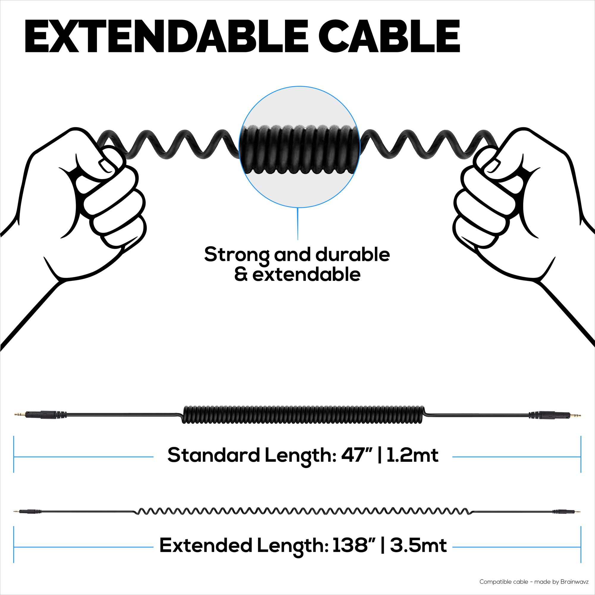 Coiled Replacement Audio Cable Compatible with Audio-Technica ATH-M50x, M40x, M70x, M60x – 2.5mm to 3.5mm Gold-Plated Jacks with 6.5mm Adapter
