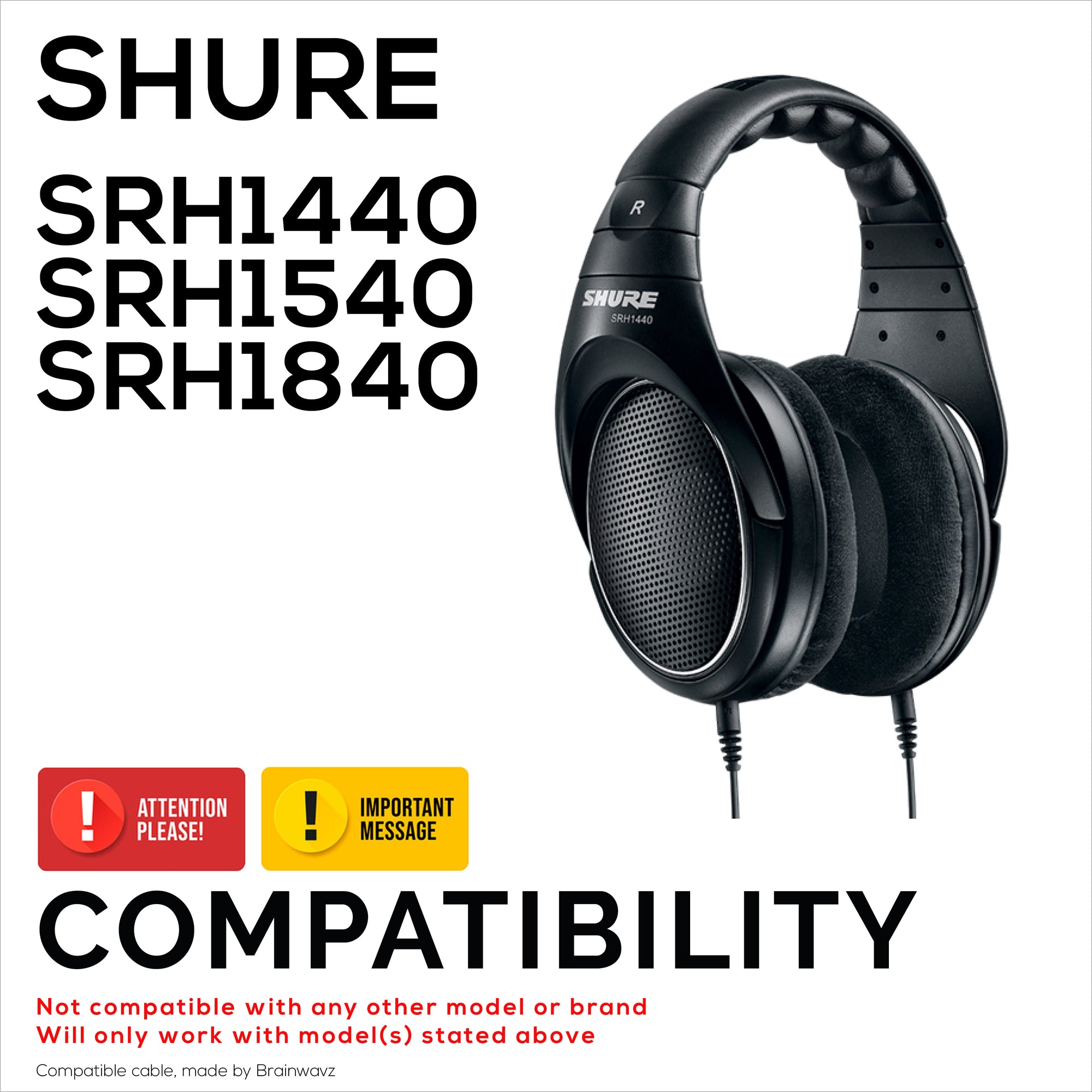 Replacement Audio Cable Compatible with Shure SRH1440, SRH1540, SRH1840 Headsets – MMCX to 3.5mm Gold-Plated Connectors with 6.5mm Adapter