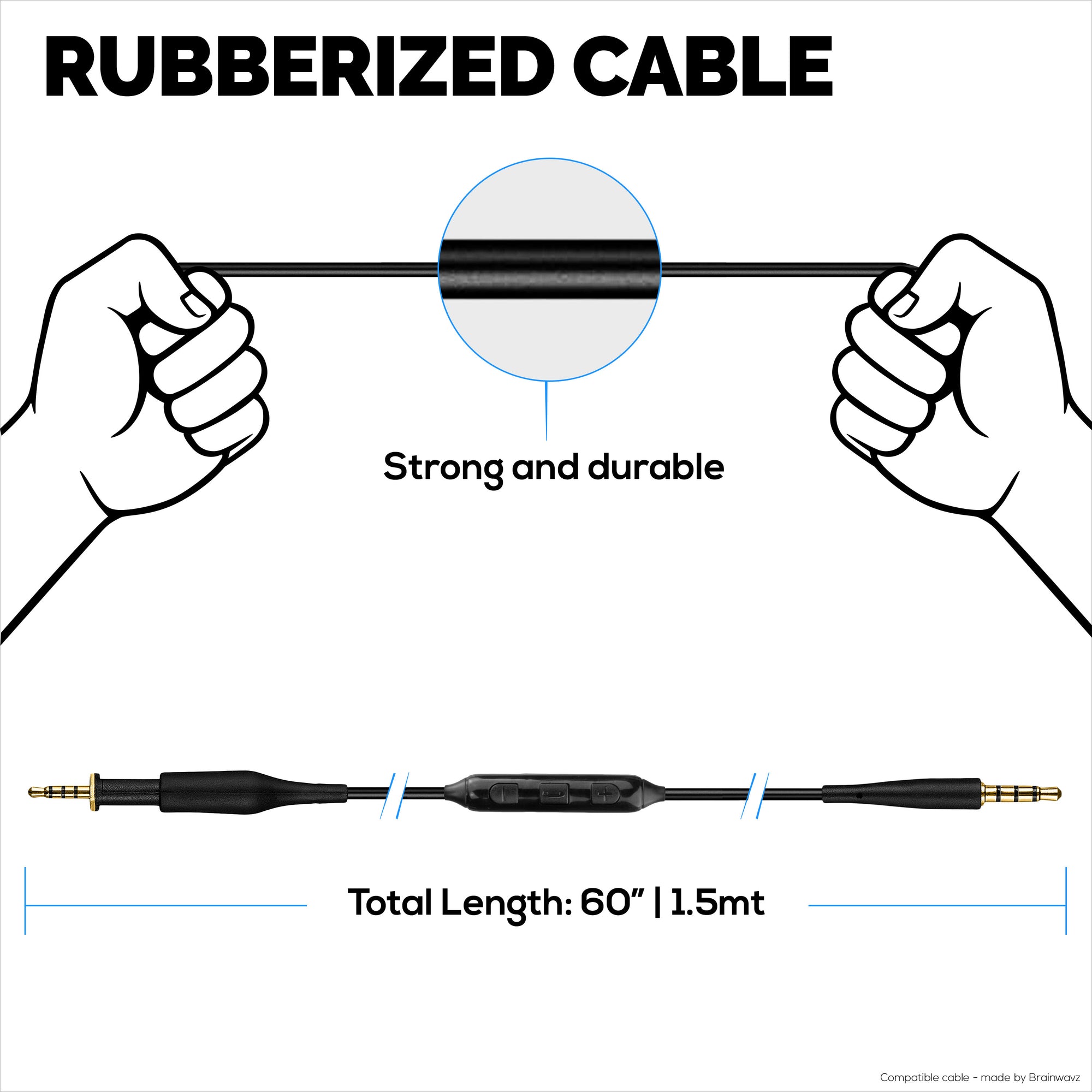 Replacement Audio Cable Compatible with AKG K430 K450 K451 K452 K480 &amp; Q460 – In-Line Remote w/ Mic, Volume, Play/Pause – 1.5m/60”