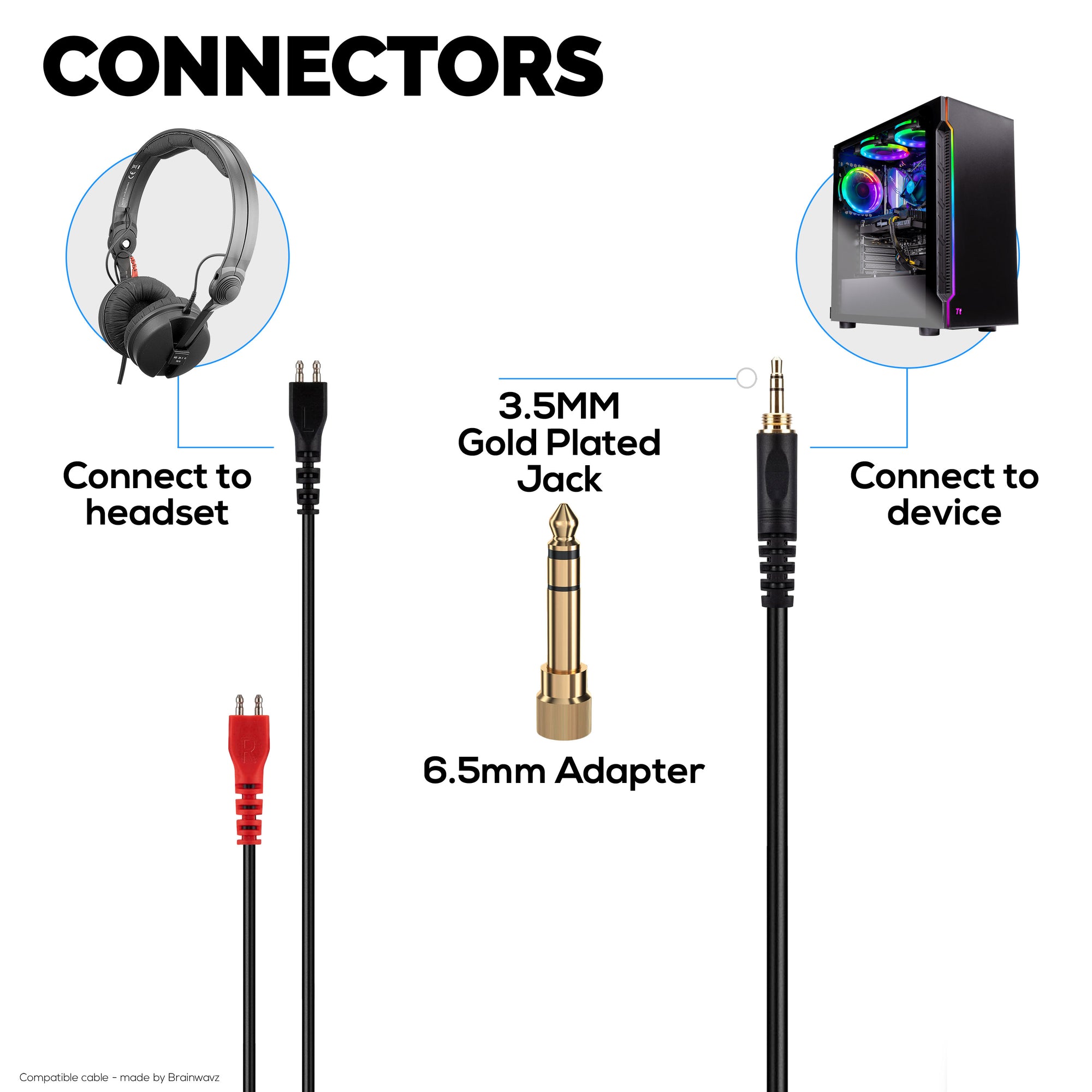 Coiled Replacement Audio Cable Compatible with Sennheiser HD25, HD560, HD540, HD480, HD430, HD414 &amp;  HD250 Headsets -  3.5mm Gold Plated Jacks