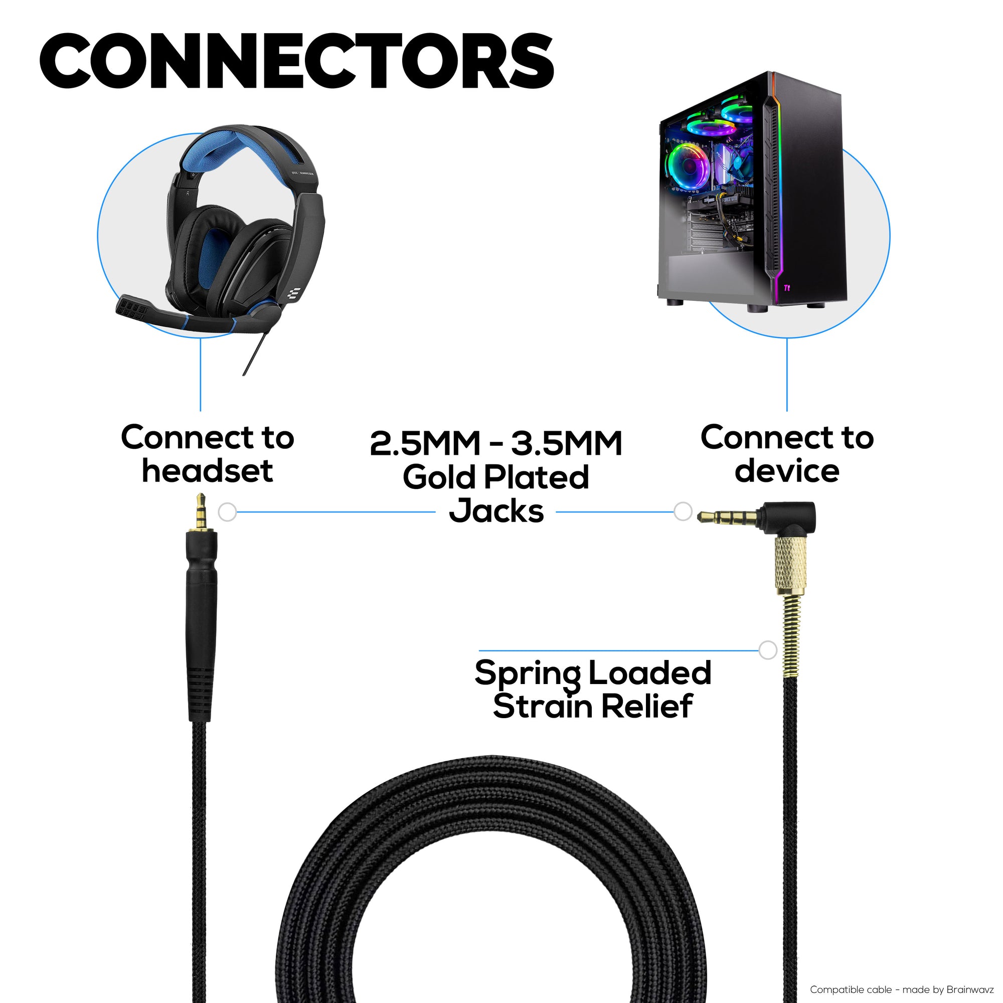 Replacement Audio Cable Compatible with Sennheiser GSP300, GSP350, GSP600 – Braided Nylon Cord, 3.5mm Right-Angle &amp; 2.5mm Gold Plated Jacks