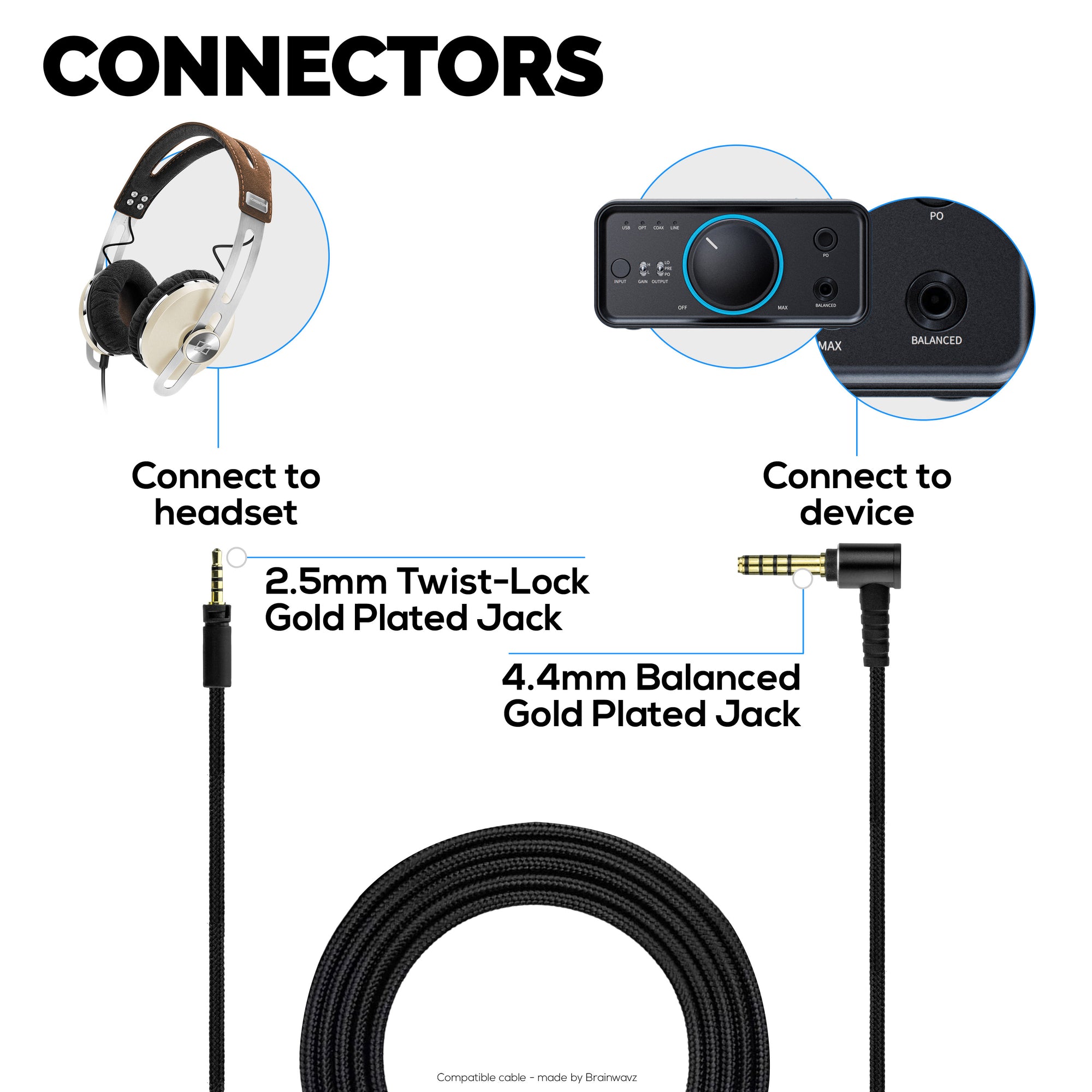 Balanced Audio Cable Compatible with Sennheiser Momentum Headphones – 2.5mm Twist-Lock to 4.4mm TRRRS Balanced Gold-Plated Jacks
