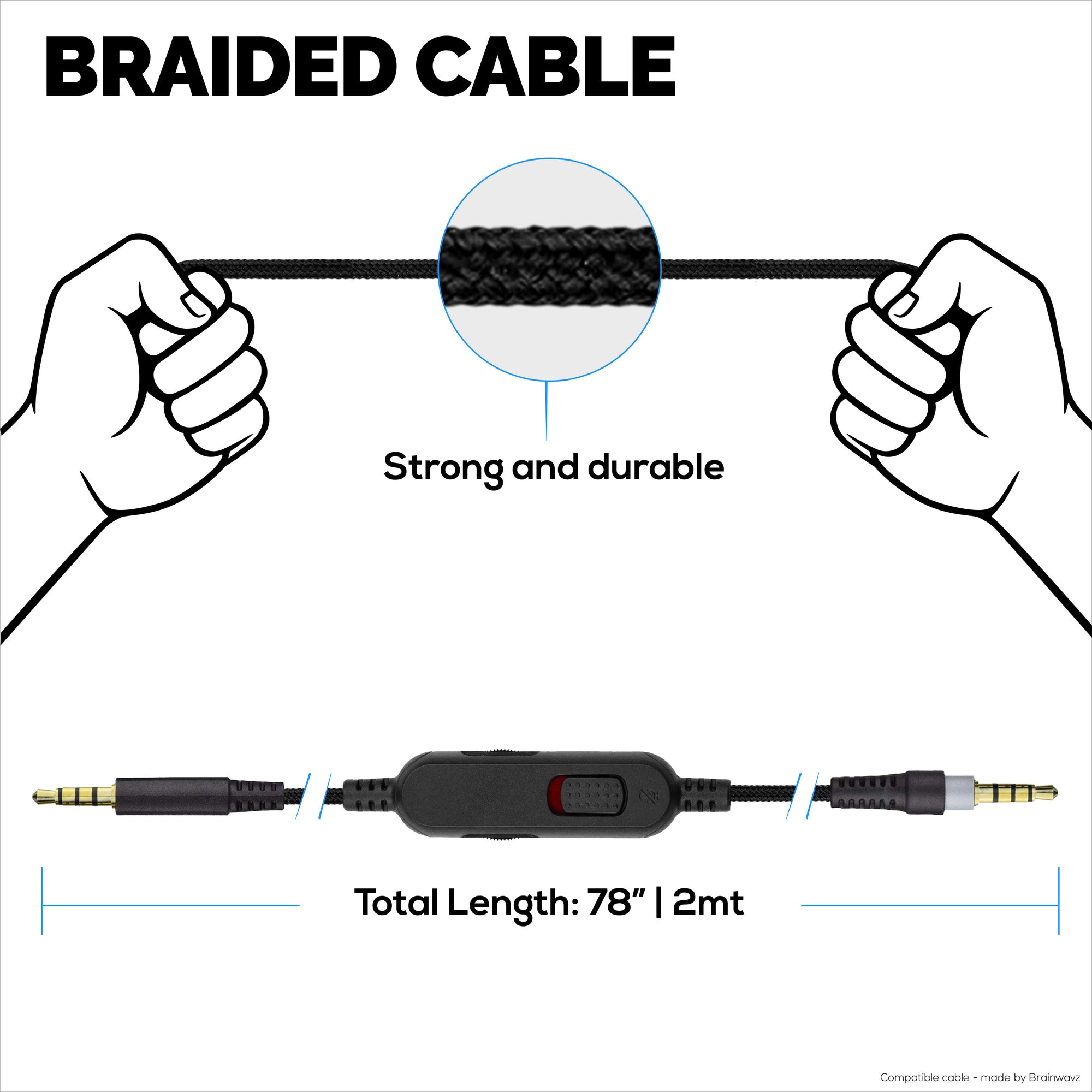 Replacement Audio Cable Compatible with Kingston HyperX Cloud Mix &amp; Cloud Alpha Headsets – Inline Remote w/ Mute &amp; Volume Control – Nylon Braided Cord w/ Gold Plated Connectors