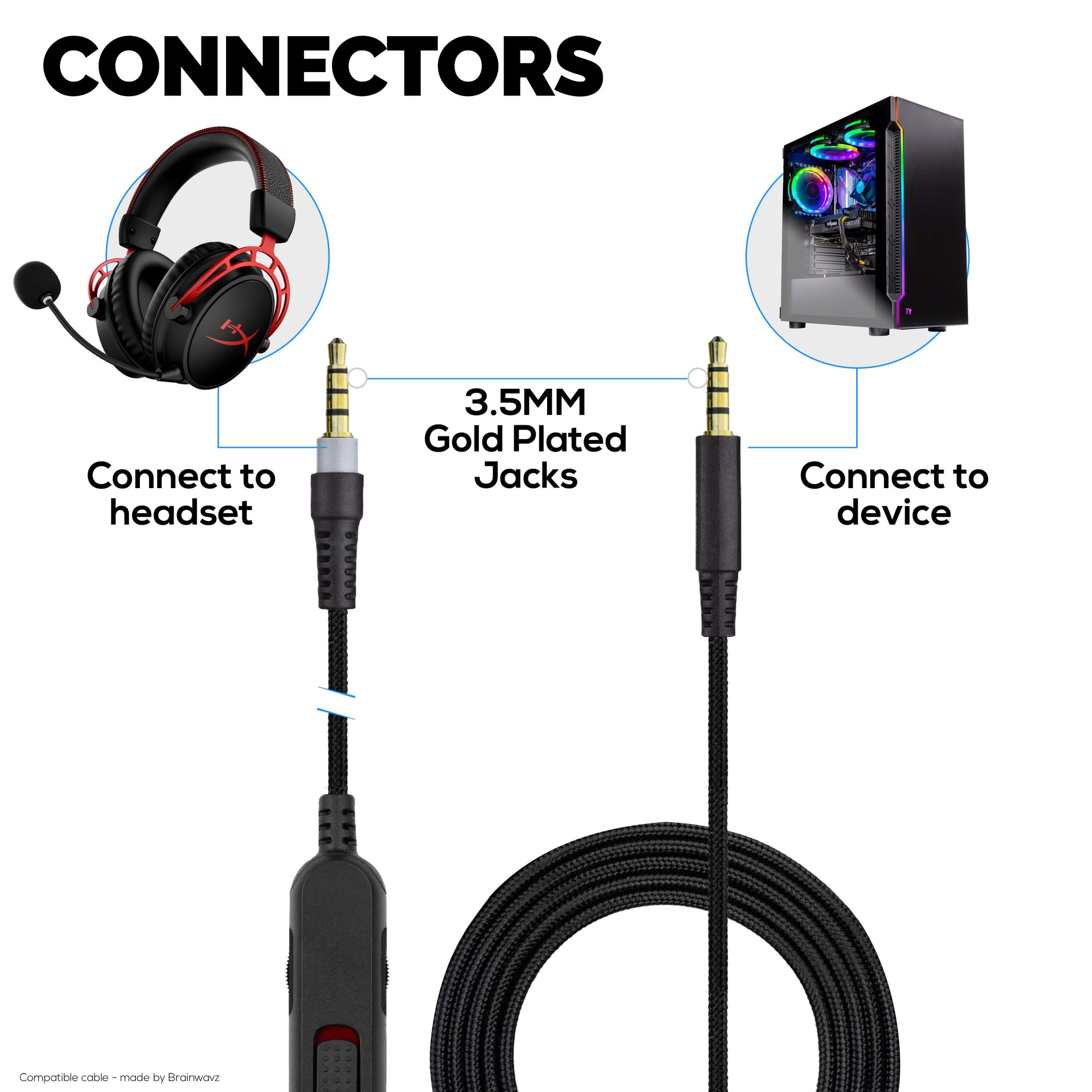 Replacement Audio Cable Compatible with Kingston HyperX Cloud Mix &amp; Cloud Alpha Headsets – Inline Remote w/ Mute &amp; Volume Control – Nylon Braided Cord w/ Gold Plated Connectors