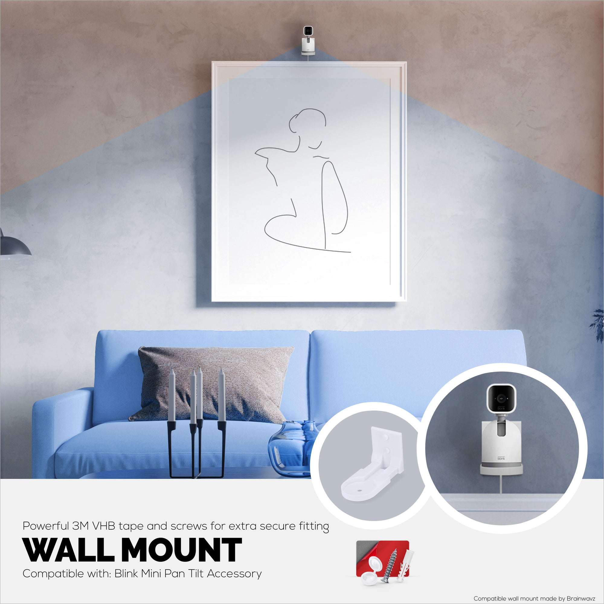 Screwless Wall Mount for Blink Mini Pan Tilt Camera, Easy to Install Holder, No Mess, Strong VHB Holder with Screw In Option