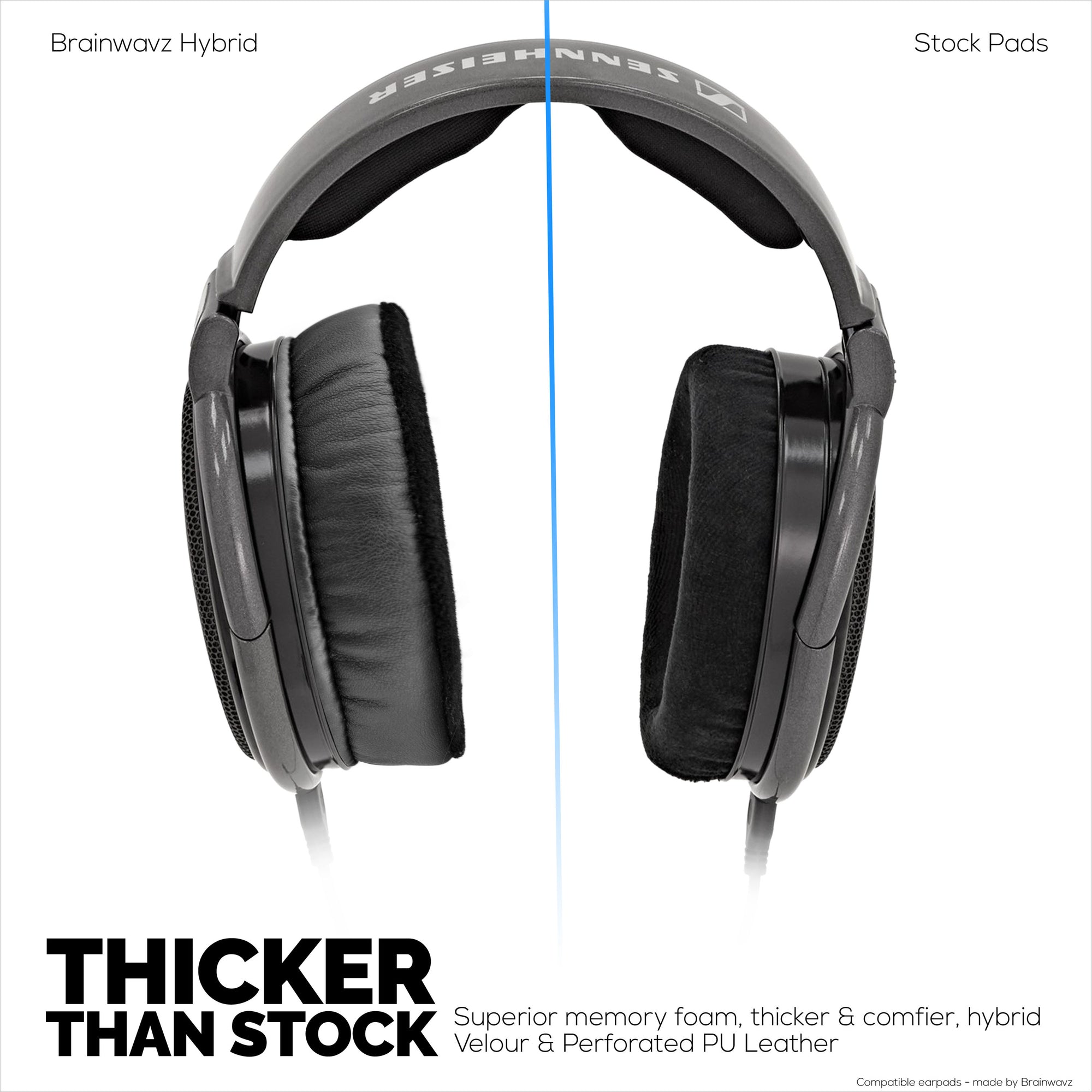 Hybrid Thick Earpads for Sennheiser HD600, HD650, HD660S, HD525, HD535, HD545, &amp; Massdrop HD58X, HD6XX Headphones - Memory Foam with Velour &amp; PU Leather Hybrid Material
