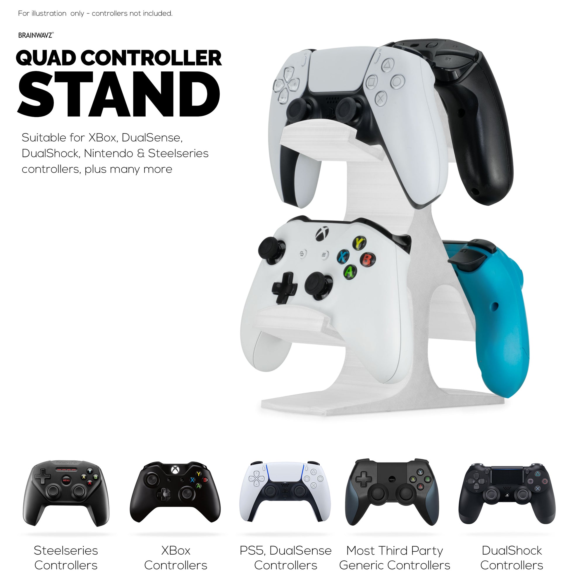 Quad Game Controller Holder for Desks, Intuitive Design, Universal Fit for All Gamepads, Ideal for Desks &amp; Side tables, Reduce Clutter &amp; Display Your Gear Better