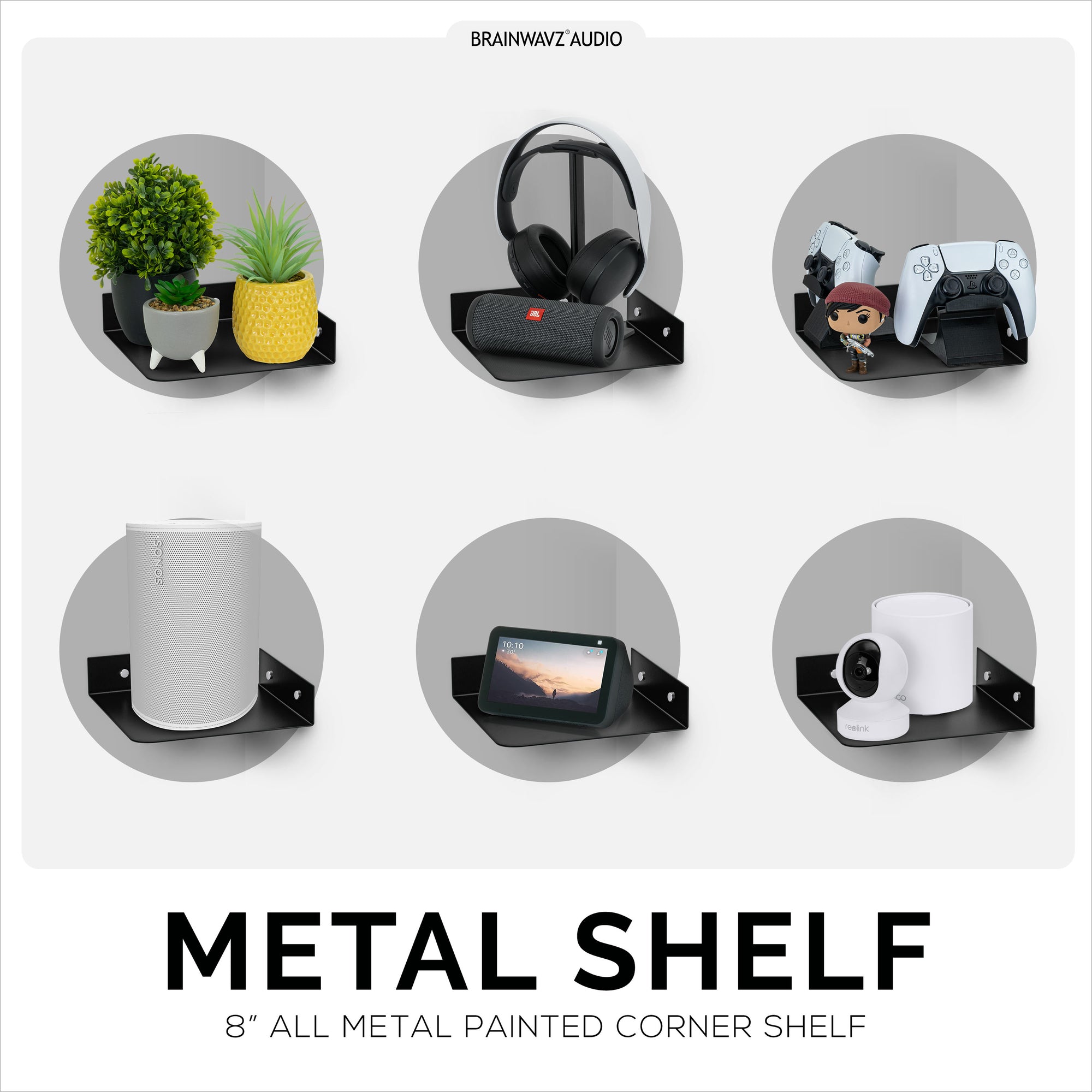 8&quot; Metal Corner Wall Mount Shelf for Baby Monitors, Security Cameras, Sonos Speaker, Also For Wif Routers, Decor, Plants, Router, Photos, Kitchen, Bathroom, Cable Box &amp; More