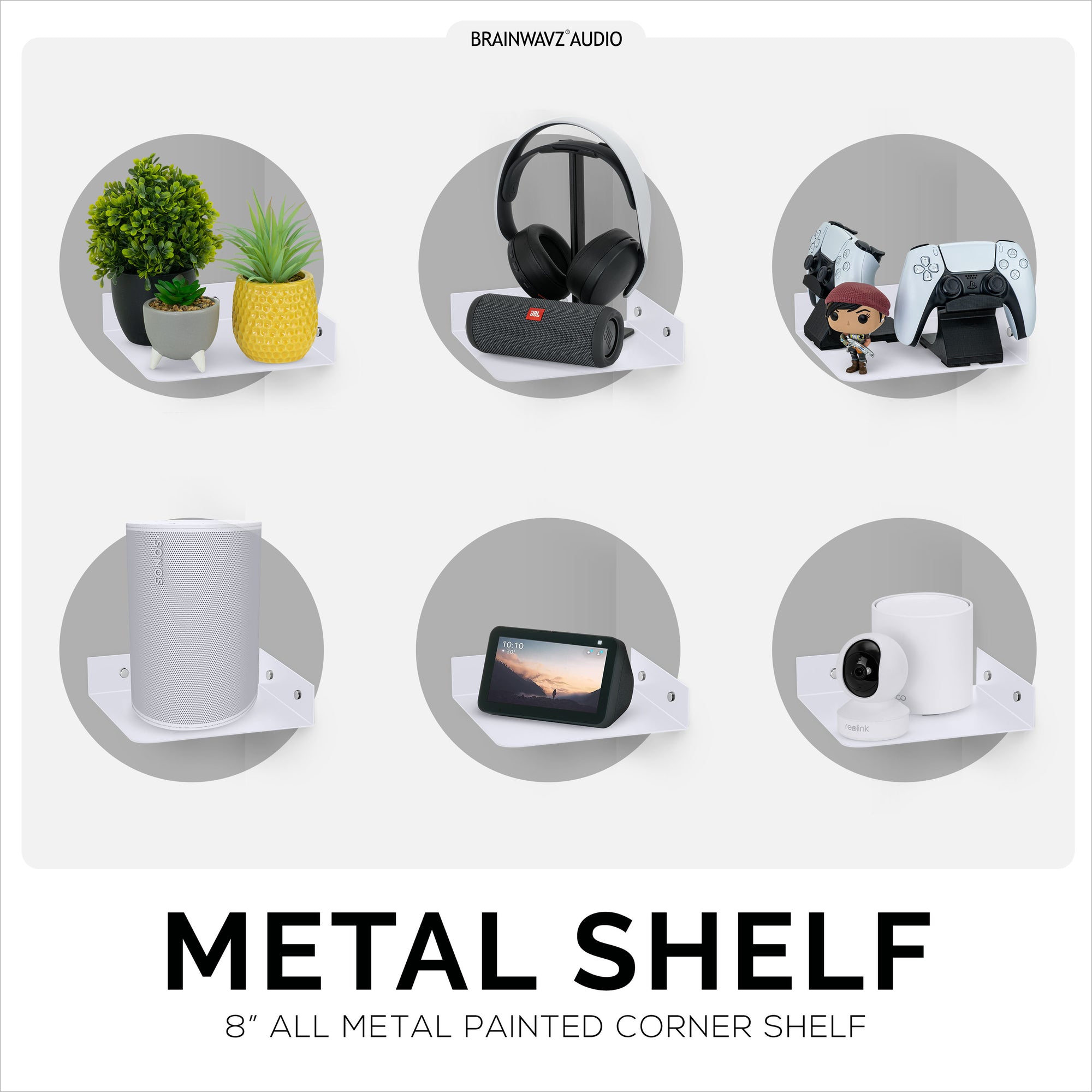 8&quot; Metal Corner Wall Mount Shelf for Baby Monitors, Security Cameras, Sonos Speaker, Also For Wif Routers, Decor, Plants, Router, Photos, Kitchen, Bathroom, Cable Box &amp; More