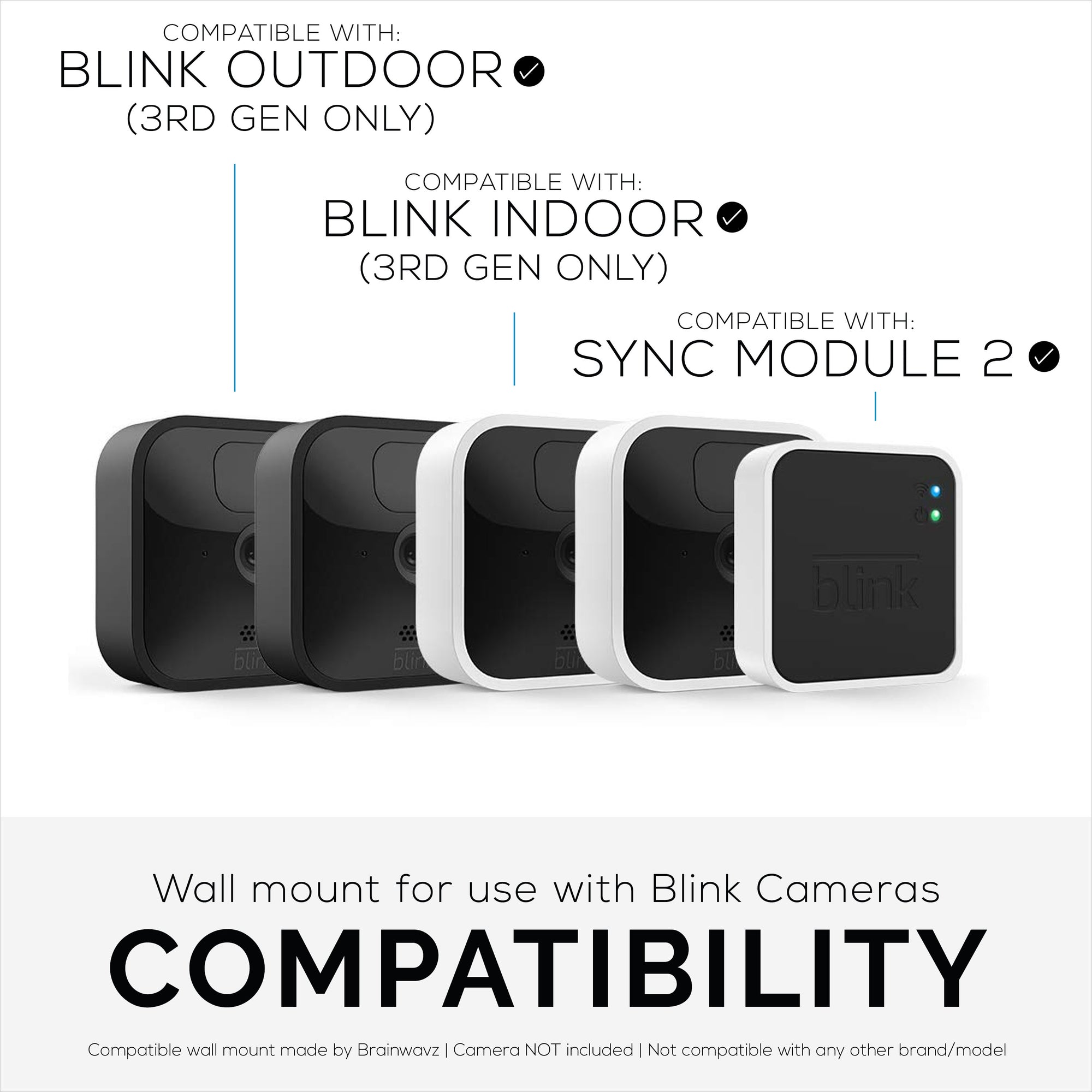 Adhesive Blink Outdoor Indoor (3rd Gen) &amp; Sync Module Camera Mount, 3+1 Pack Holder, No Hassle Installation, No Screws, No Mess Bracket Stand