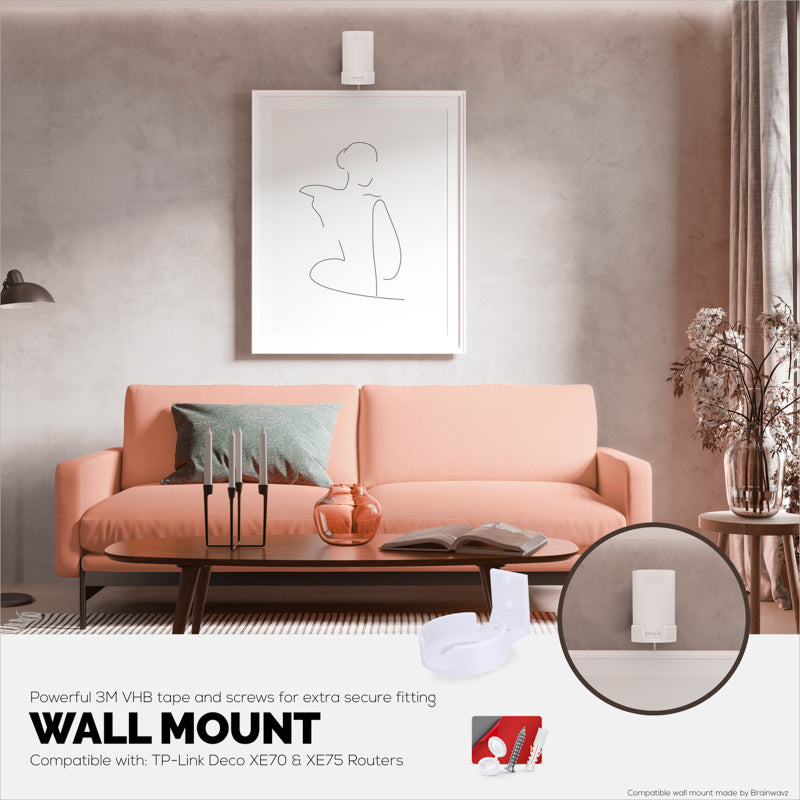 Screwless Wall Mount for TP-Link Deco X68, XE70, XE75, XE75 PRO, AXE5300 &amp; AXE5400, Easy To Install, No Mess, Reduce Interference &amp; Increase Range, Stick On Adhesive Bracket, White By Brainwavz