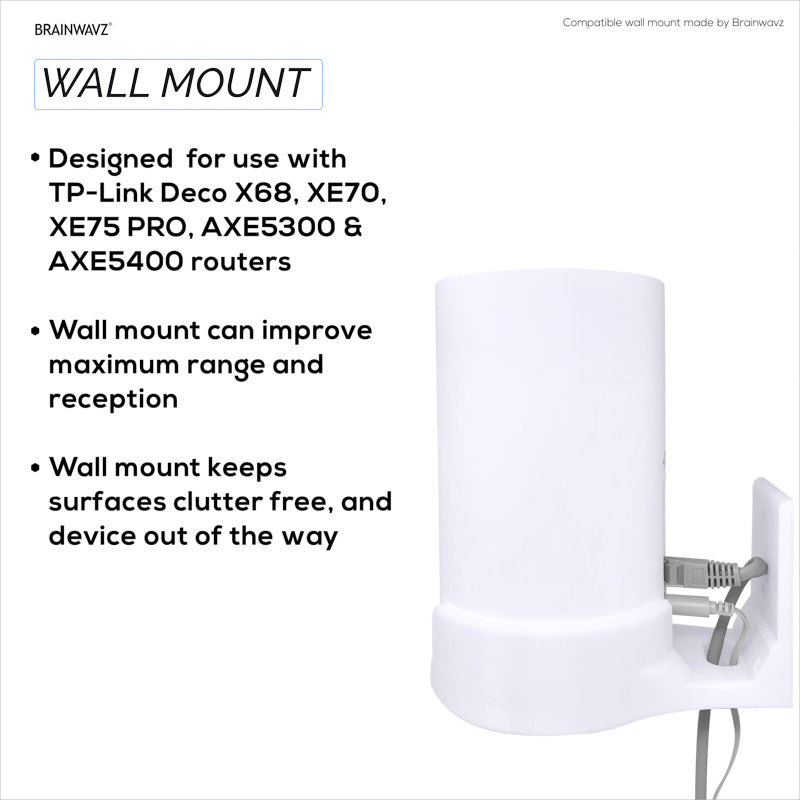 Screwless Wall Mount for TP-Link Deco X68, XE70, XE75, XE75 PRO, AXE5300 &amp; AXE5400, Easy To Install, No Mess, Reduce Interference &amp; Increase Range, Stick On Adhesive Bracket, White By Brainwavz