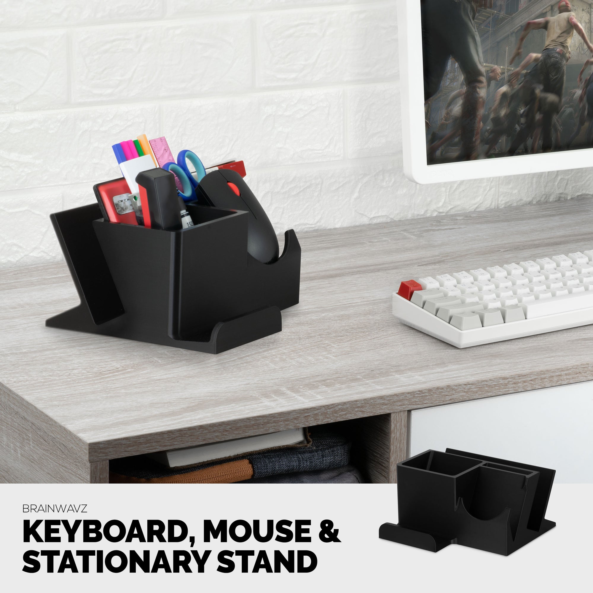 Desktop Keyboard, Mouse &amp; Phone Stand Holder w/ Stationary Storage, Suitable for Small Or Large Keyboards, Tablets, Gaming &amp; Office Mice