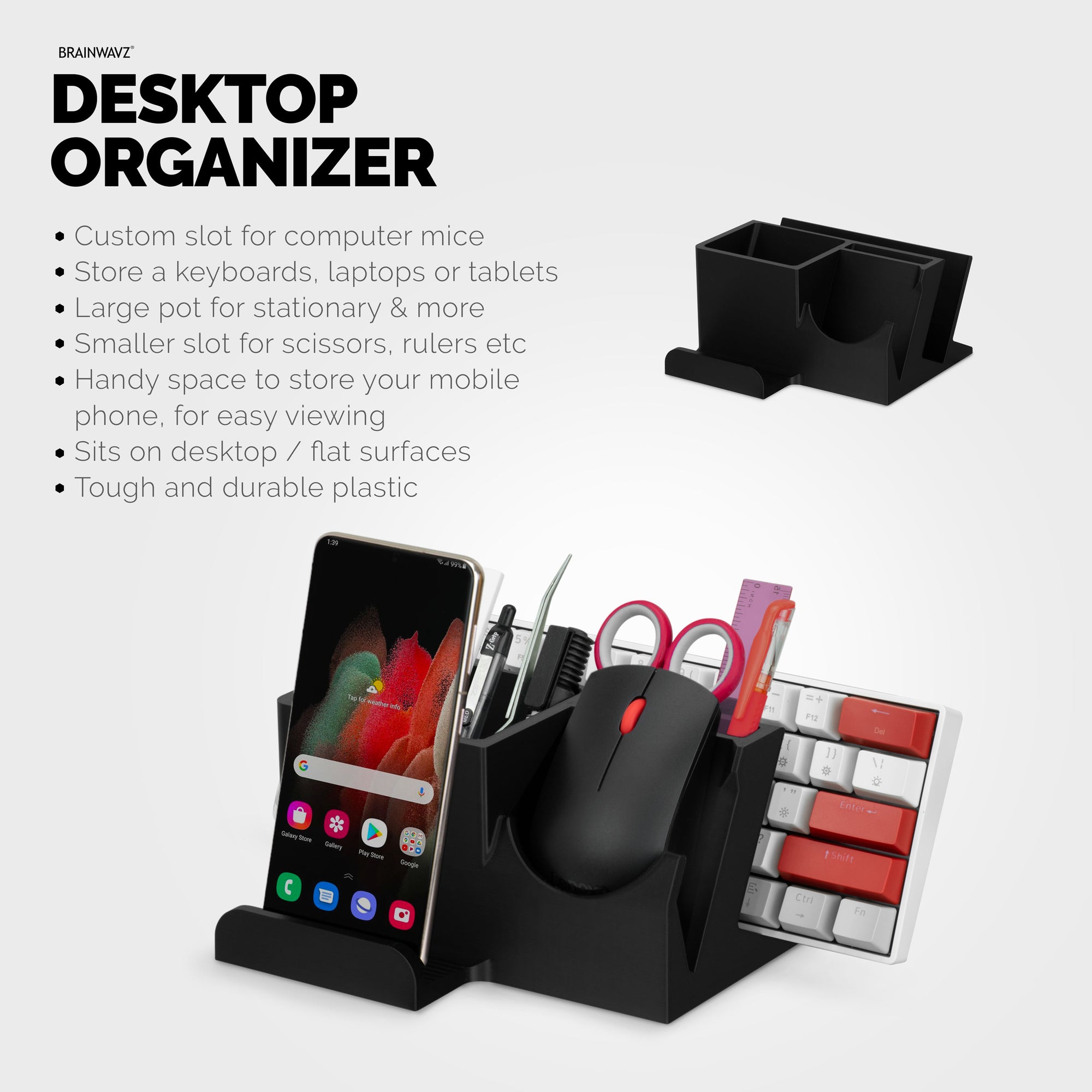 Desktop Keyboard, Mouse &amp; Phone Stand Holder w/ Stationary Storage, Suitable for Small Or Large Keyboards, Tablets, Gaming &amp; Office Mice