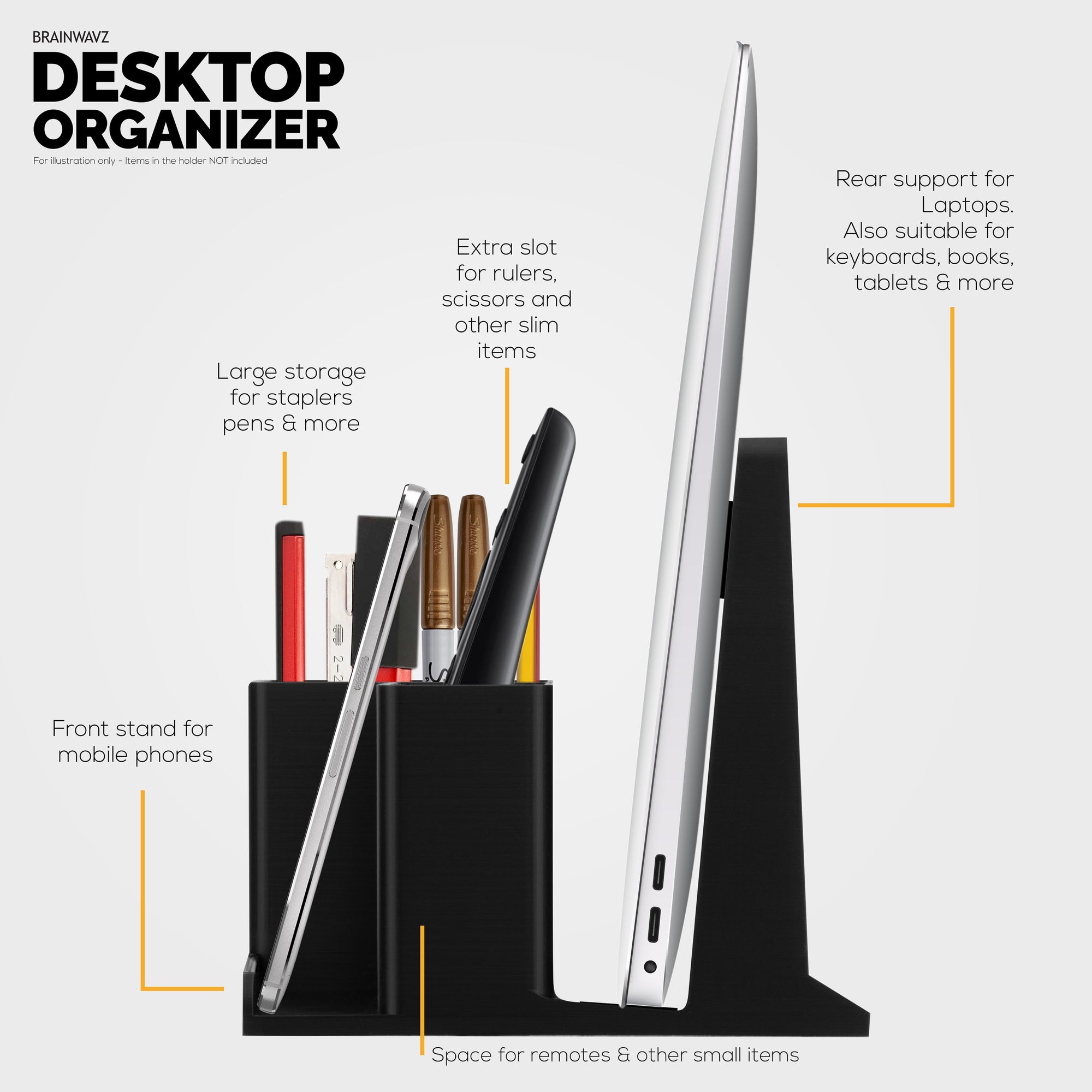 Laptop Stand for Desk with Pen Holder &amp; Phone Stand - All In One Organizer, Reduce Desktop Clutter