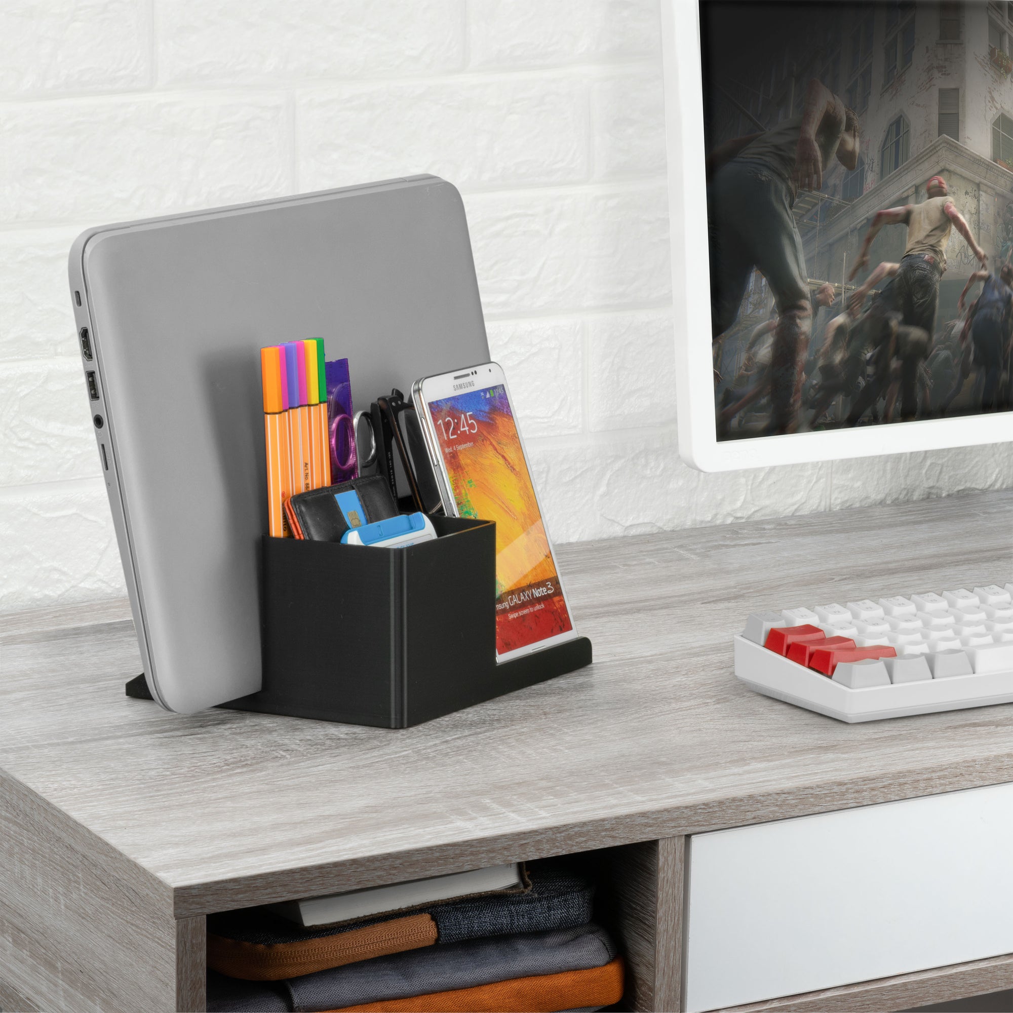 Laptop Stand for Desk with Pen Holder &amp; Phone Stand - All In One Organizer, Reduce Desktop Clutter