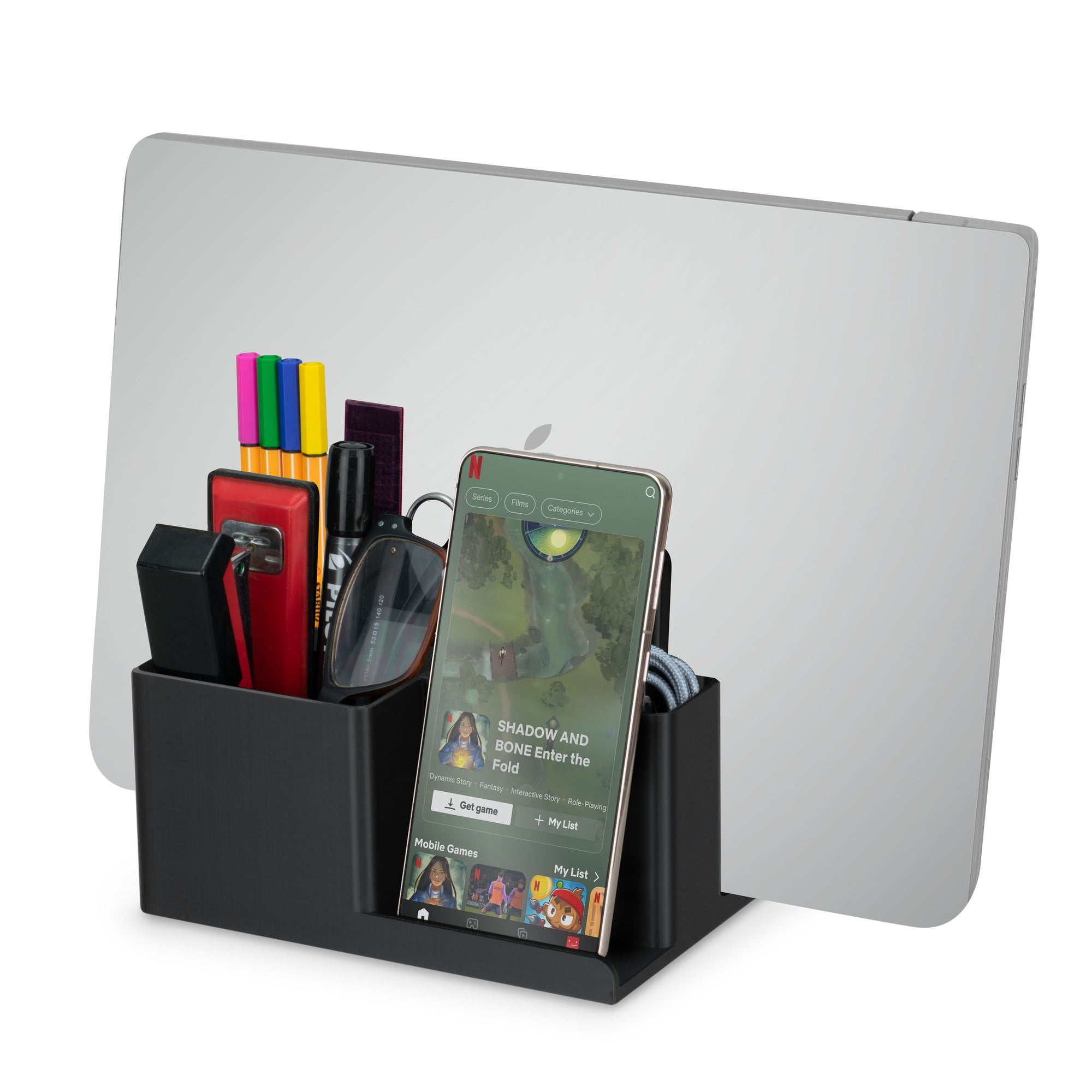 Laptop Stand for Desk with Pen Holder & Phone Stand - All In One Organizer, Reduce Desktop Clutter