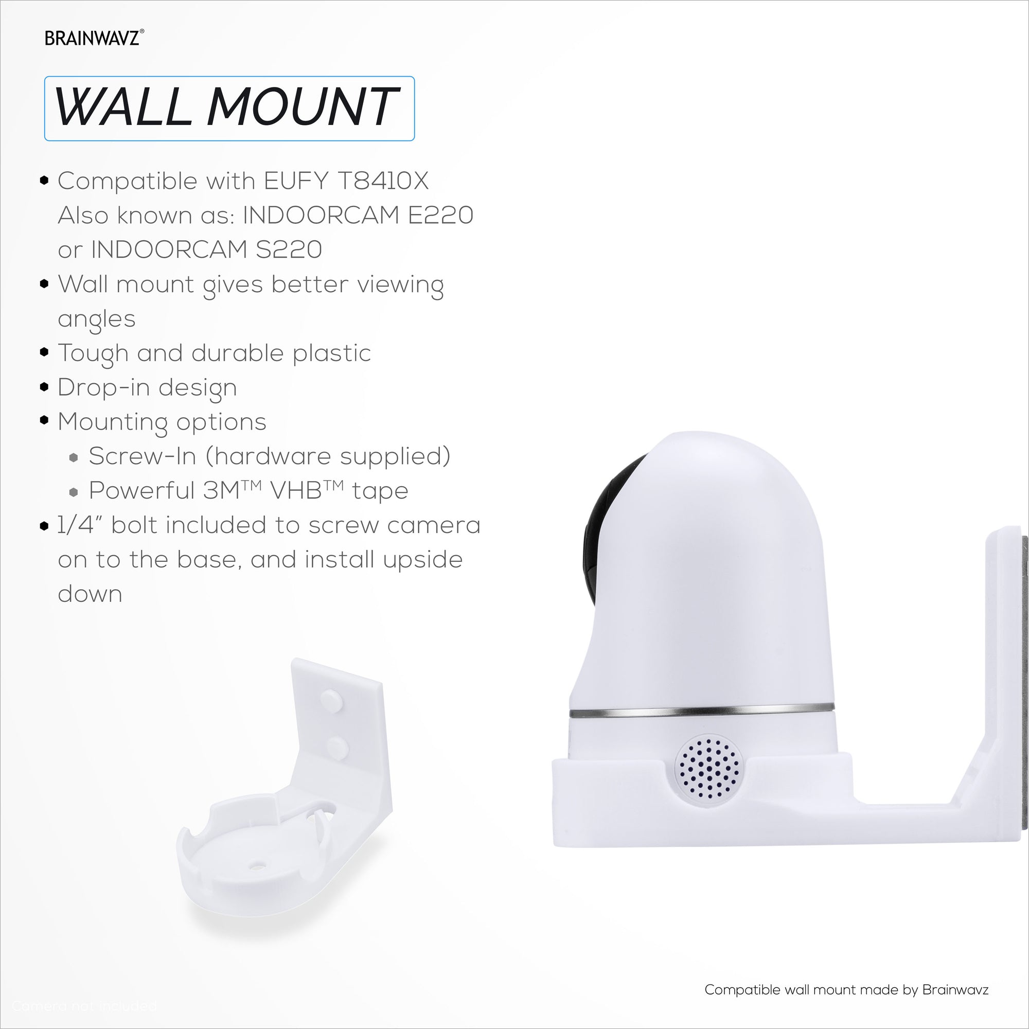 Screwless Wall Mount For Eufy T8400X (IndoorCam E220 / S220) Camera, Strong VHB Adhesive, Easy To Install Holder, No Mess, Reduce Blind Spots &amp; Better Viewing, Bracket Holder Shelf