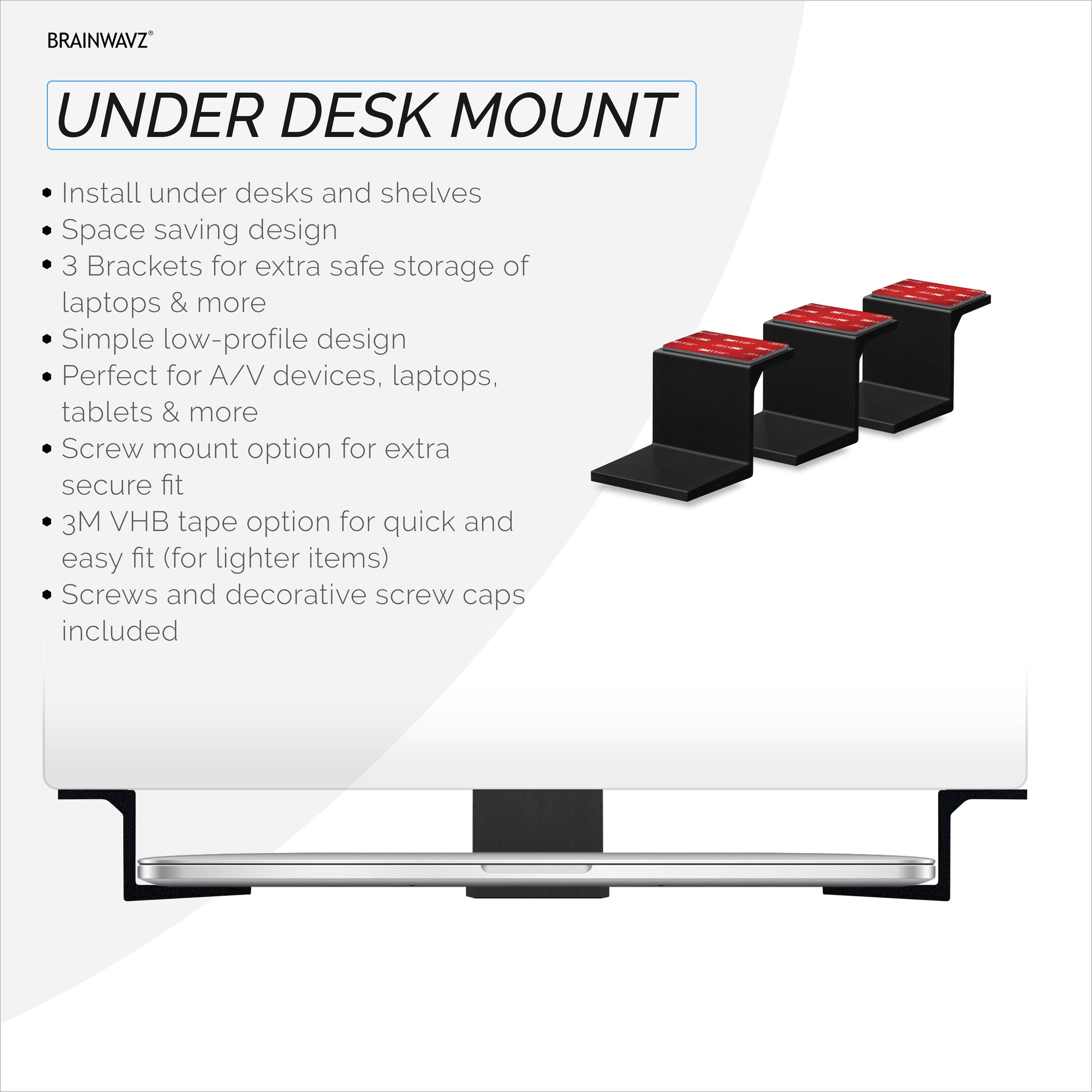 Adhesive Under Desk Laptop Holder Mount, Upto 1.9” / 48mm Thick, For Laptops Macbook Routers Surface iPads Tablets &amp; More