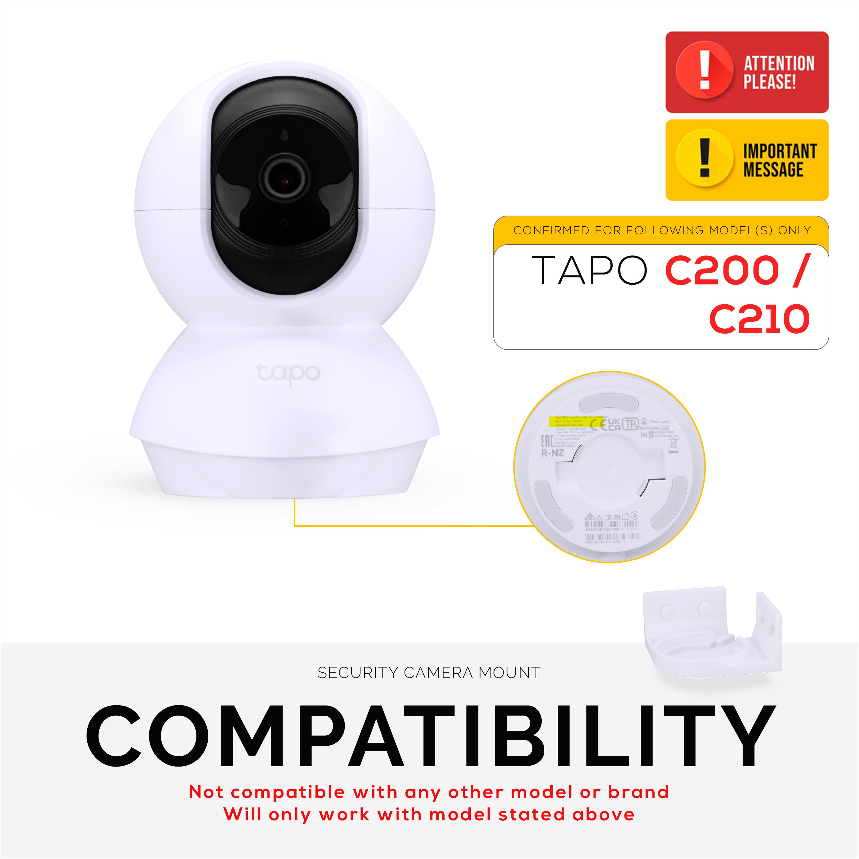 Wall Mount Holder for Tapo Pan/Tilt (C200 & C210) Smart Security Camera, Custom Designed Bracket, Reduce Blind Spots & Clutter White