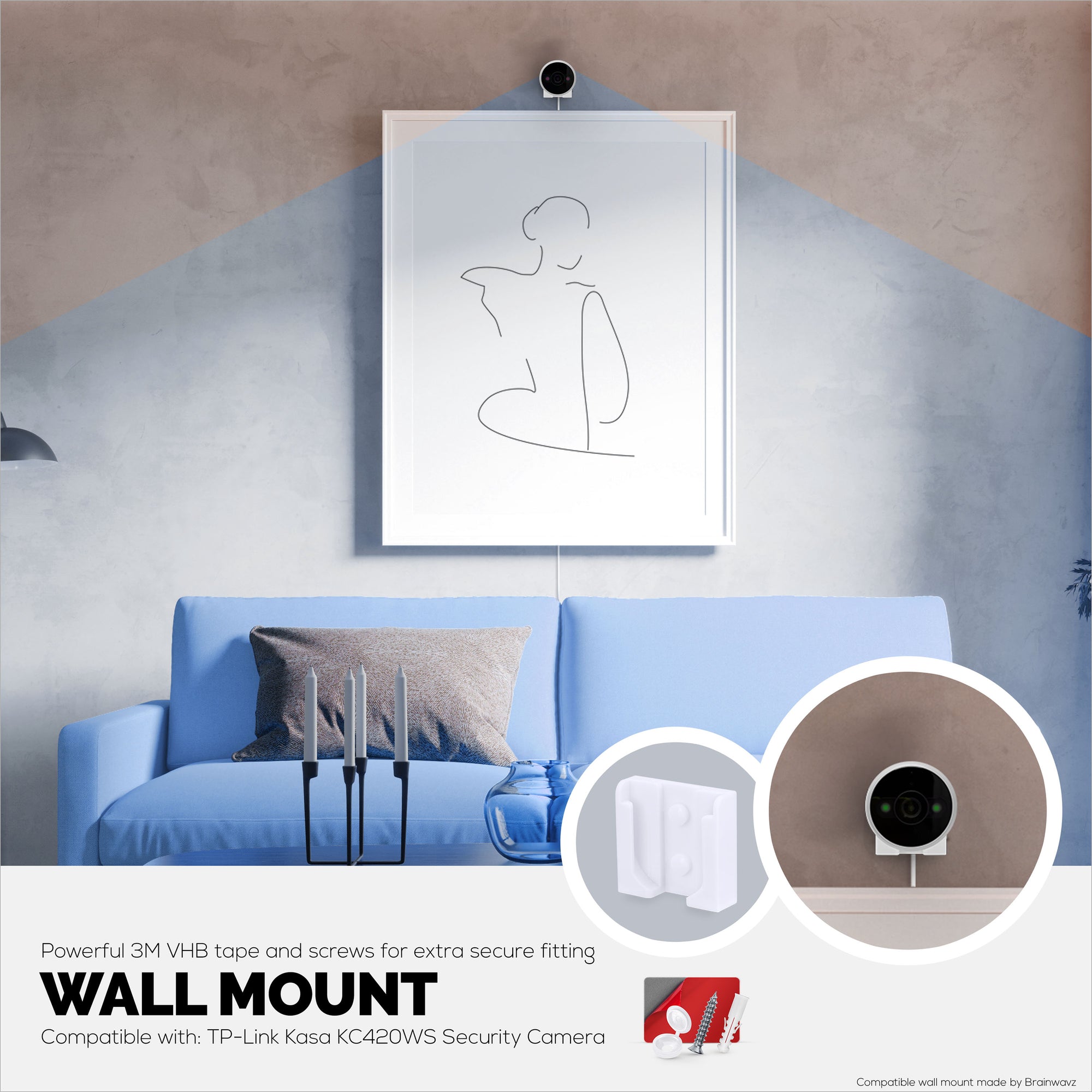 Screwless Wall Mount For TP-Link Kasa KC420WS Camera - Strong VHB Stick On Adhesive, Easy To Install, No Mess, Reduce Blind Spots &amp; Better Viewing, Bracket Holder Shelf