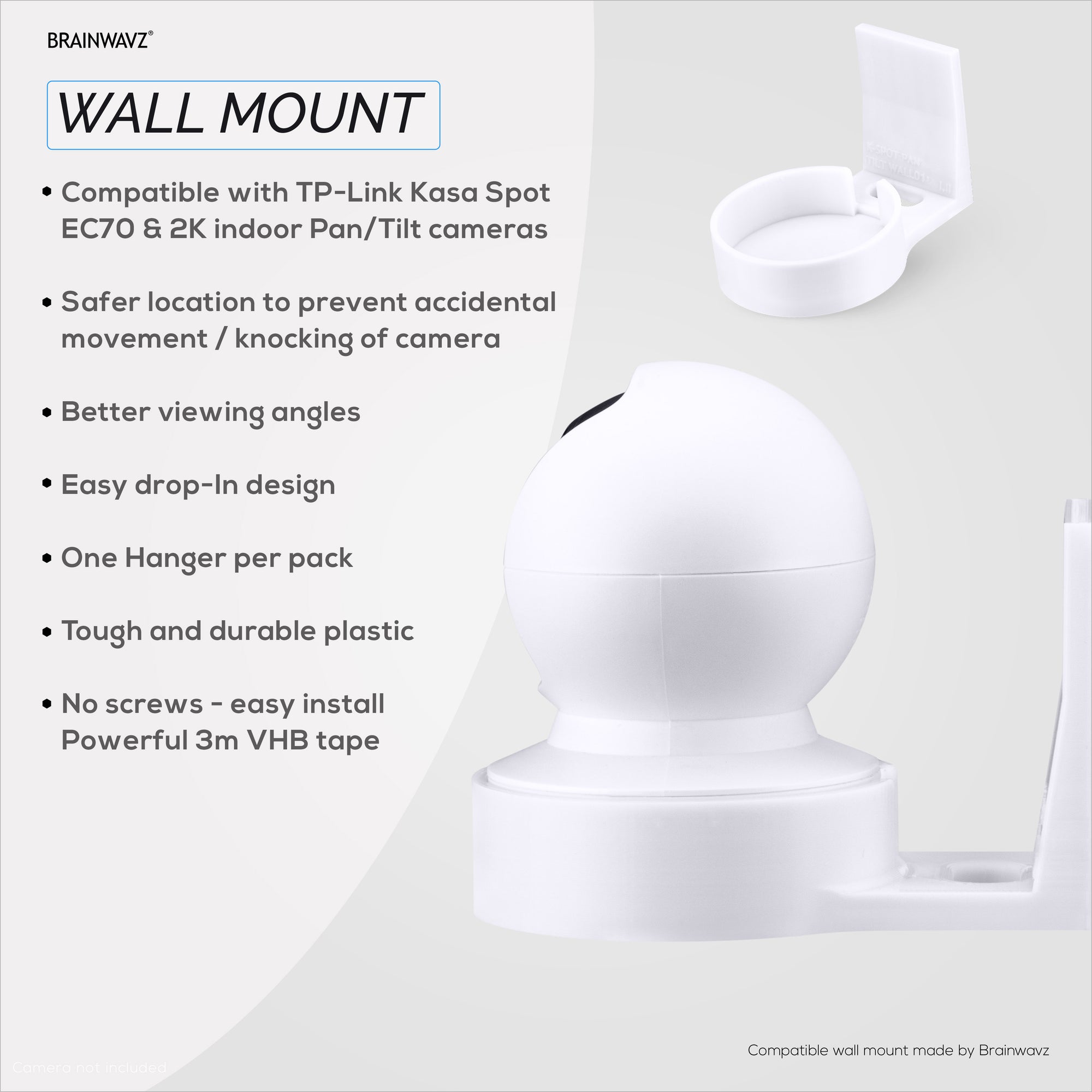 Wall Mount for Kasa EC70 Spot &amp; 2K Indoor Pan/Tilt, Adhesive Holder for TP Link Spot Smart Security Cameras, Installs in Minutes, No Mess Hanger Bracket