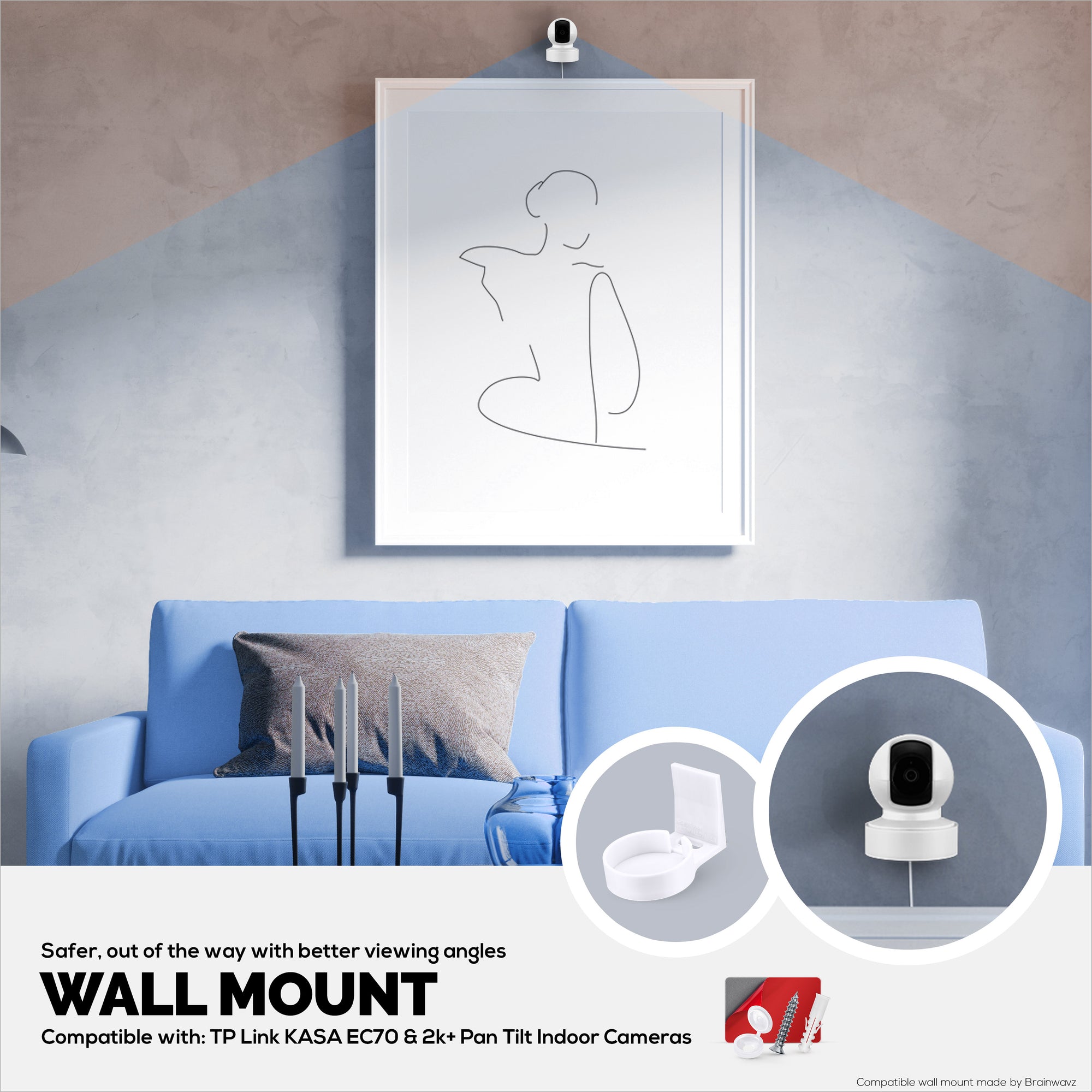 Wall Mount for Kasa EC70 Spot &amp; 2K Indoor Pan/Tilt, Adhesive Holder for TP Link Spot Smart Security Cameras, Installs in Minutes, No Mess Hanger Bracket