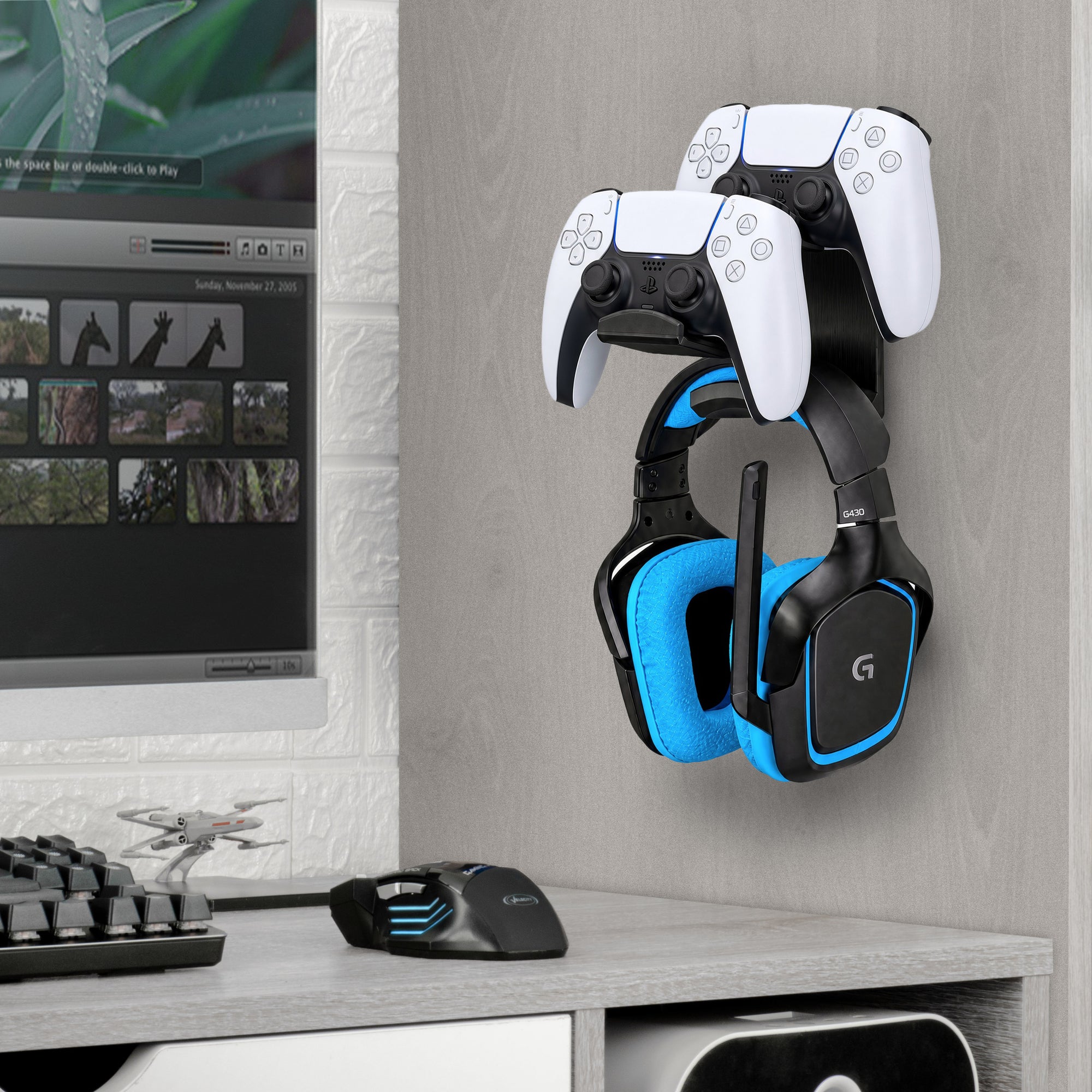 Uber Atlas - Universal Dual Game Controller and Headphone Hanger - Easy to Install, No Screws &amp; Mess