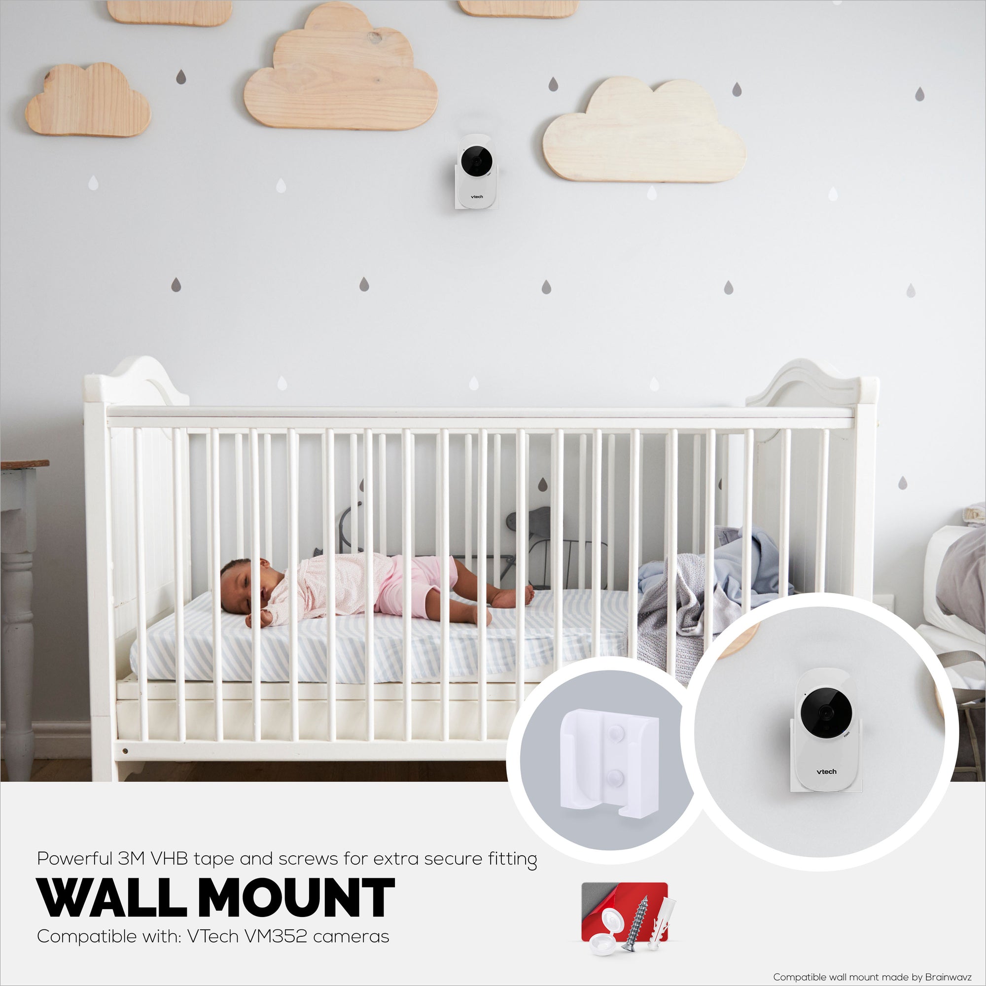 Drill Free Wall Mount For VTECH VM3252 Camera, Easy To Install Holder with Strong Adhesive, No Mess, Reduces Blind Spots &amp; Clutter