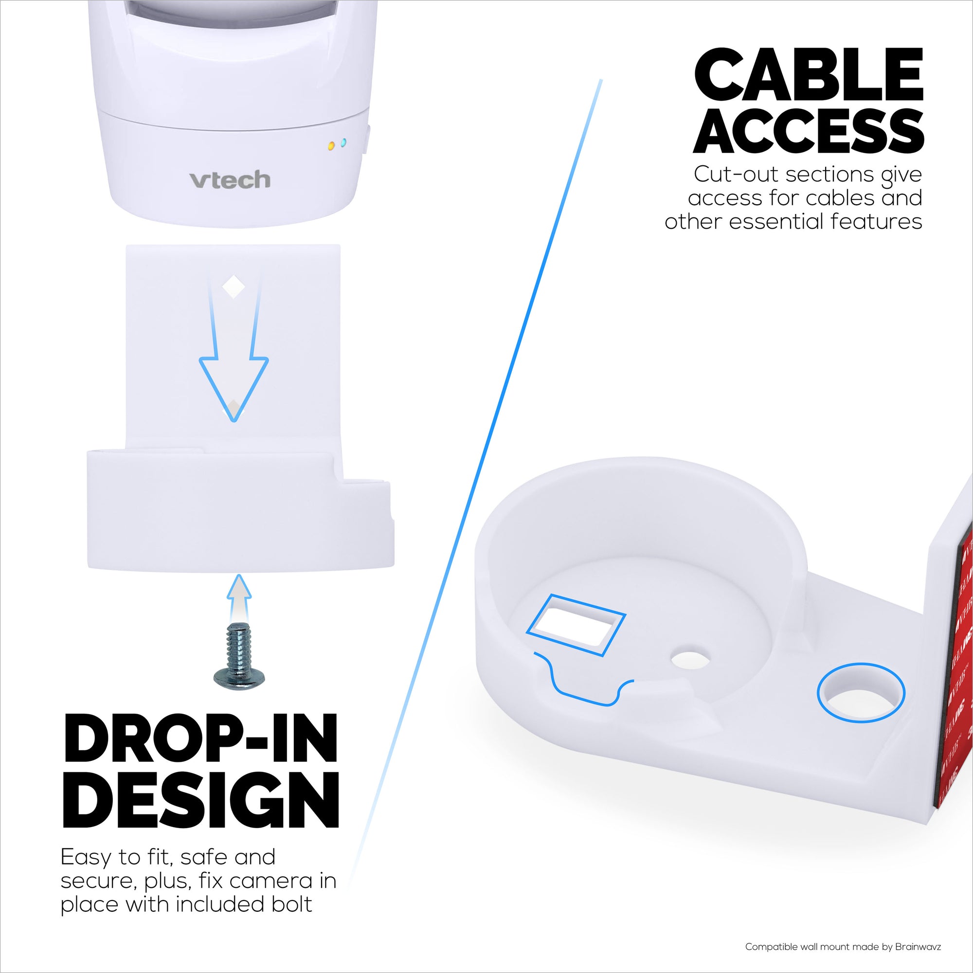 Drill Free Wall Mount For VTech ‎VM901 Camera, Easy To Install Holder with Strong Adhesive, No Mess, Reduces Blind Spots &amp; Clutter