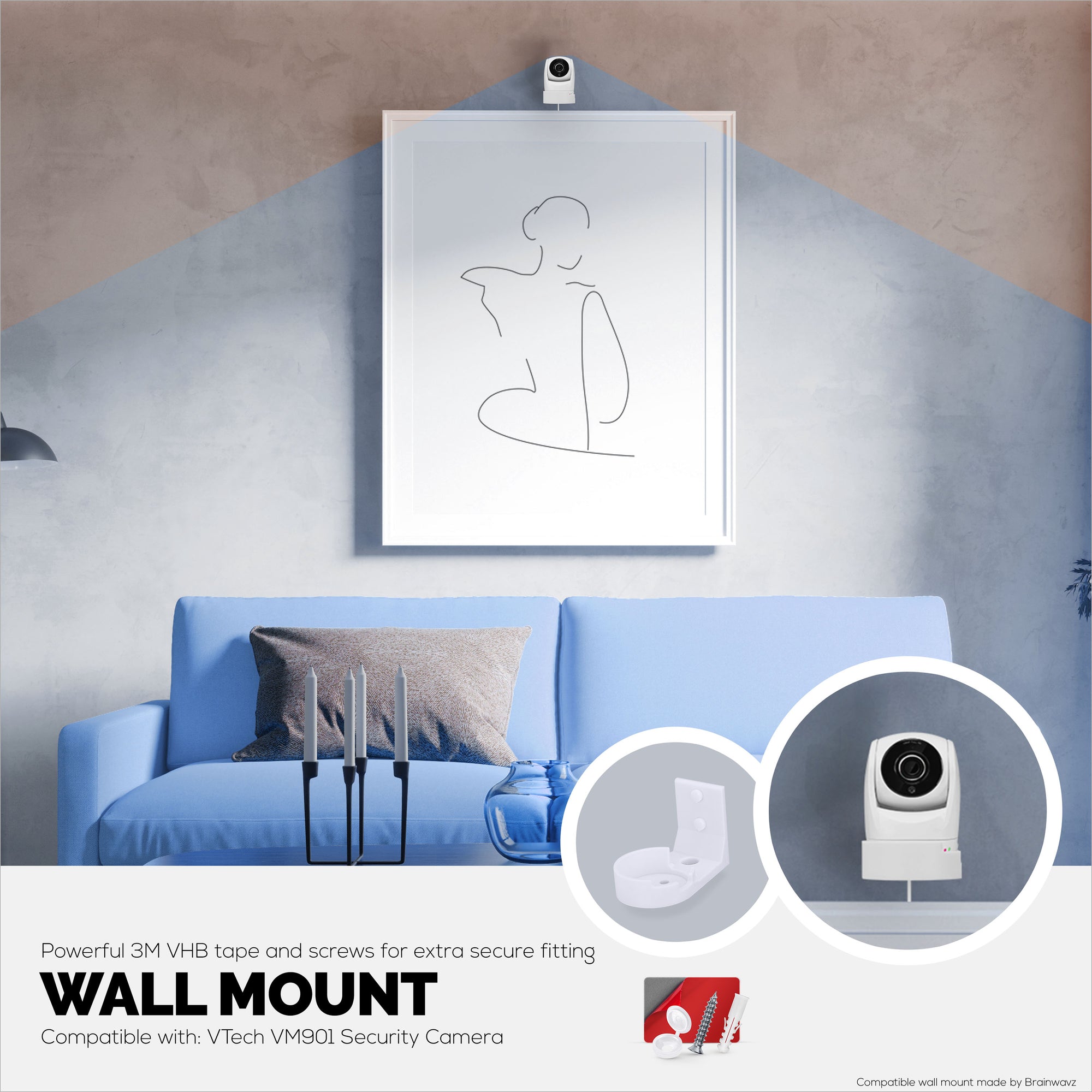 Drill Free Wall Mount For VTech ‎VM901 Camera, Easy To Install Holder with Strong Adhesive, No Mess, Reduces Blind Spots &amp; Clutter