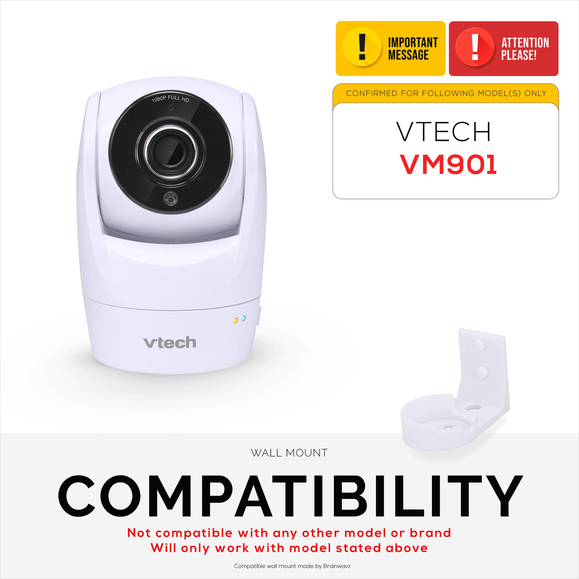 Drill Free Wall Mount For VTech ‎VM901 Camera, Easy To Install Holder with Strong Adhesive, No Mess, Reduces Blind Spots &amp; Clutter