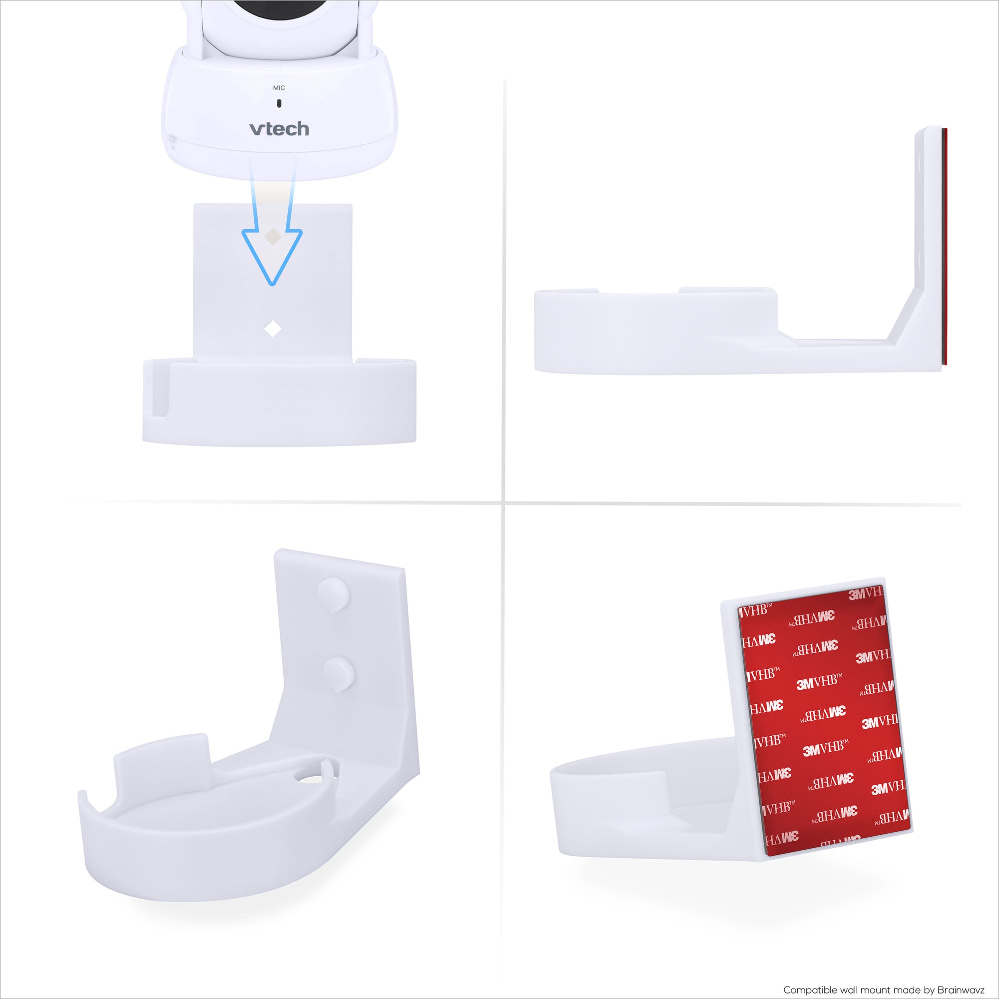 Drill Free Wall Mount For VTech ‎VM923 Camera, Easy To Install Holder with Strong Adhesive, No Mess, Reduces Blind Spots &amp; Clutter