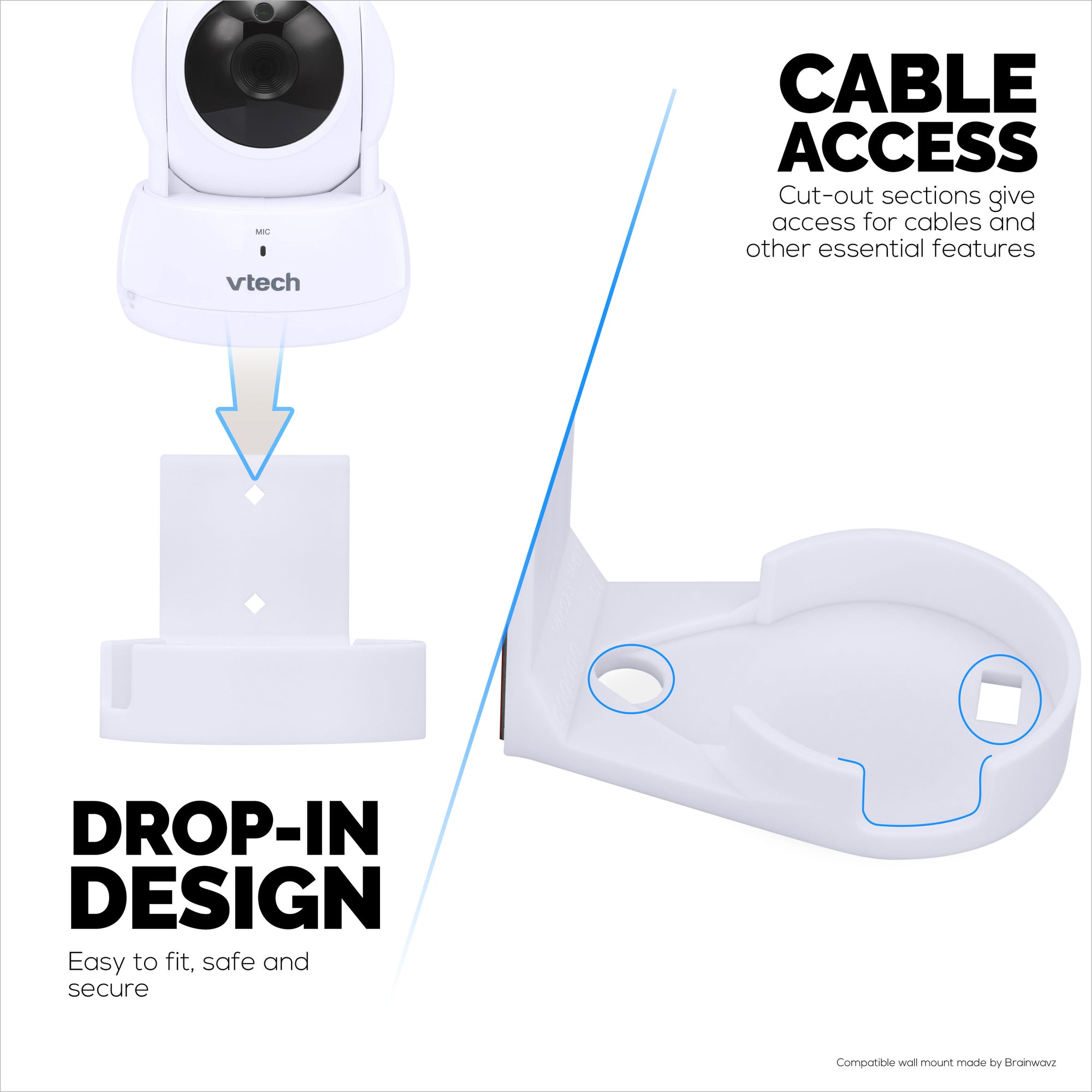Drill Free Wall Mount For VTech ‎VM923 Camera, Easy To Install Holder with Strong Adhesive, No Mess, Reduces Blind Spots &amp; Clutter