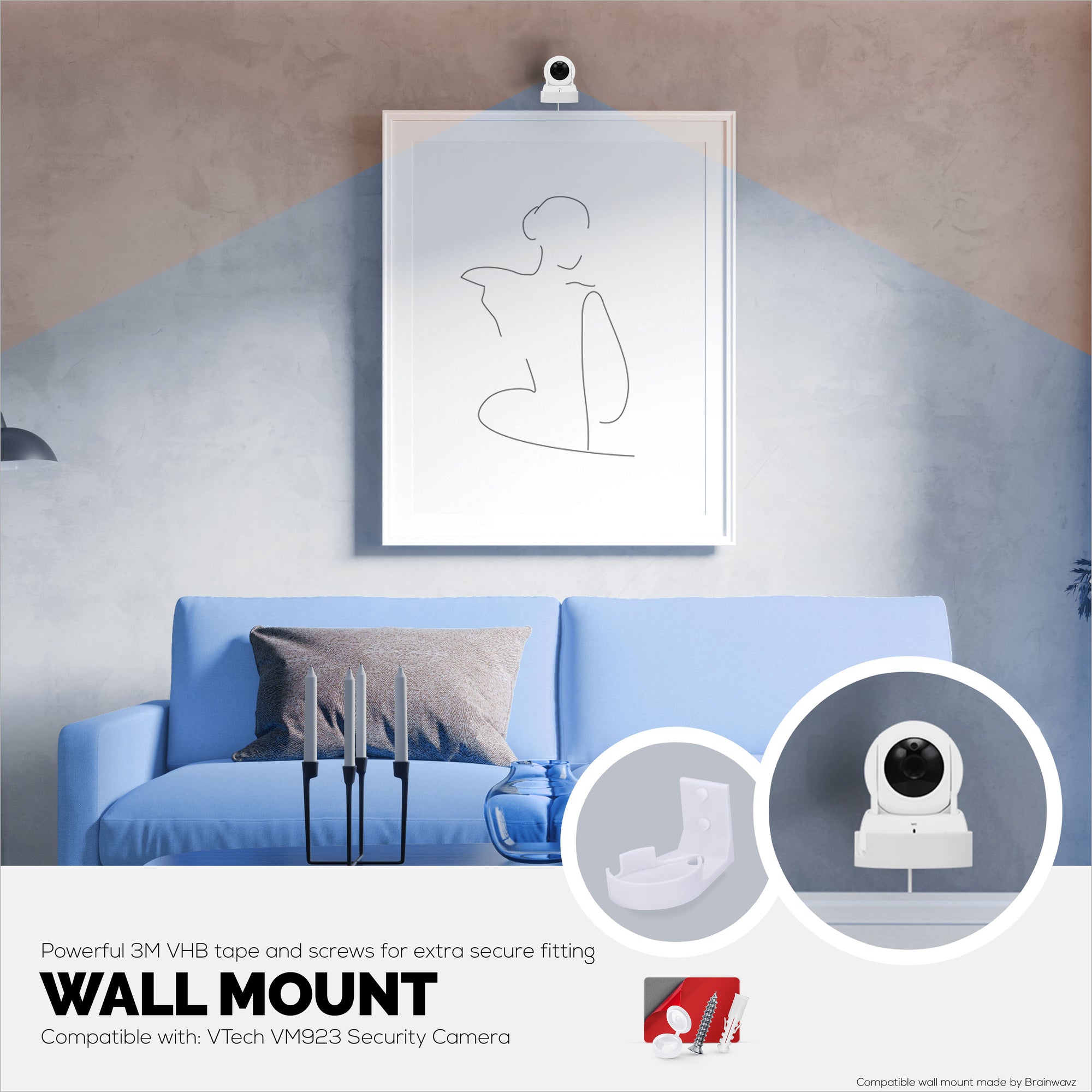 Drill Free Wall Mount For VTech ‎VM923 Camera, Easy To Install Holder with Strong Adhesive, No Mess, Reduces Blind Spots &amp; Clutter