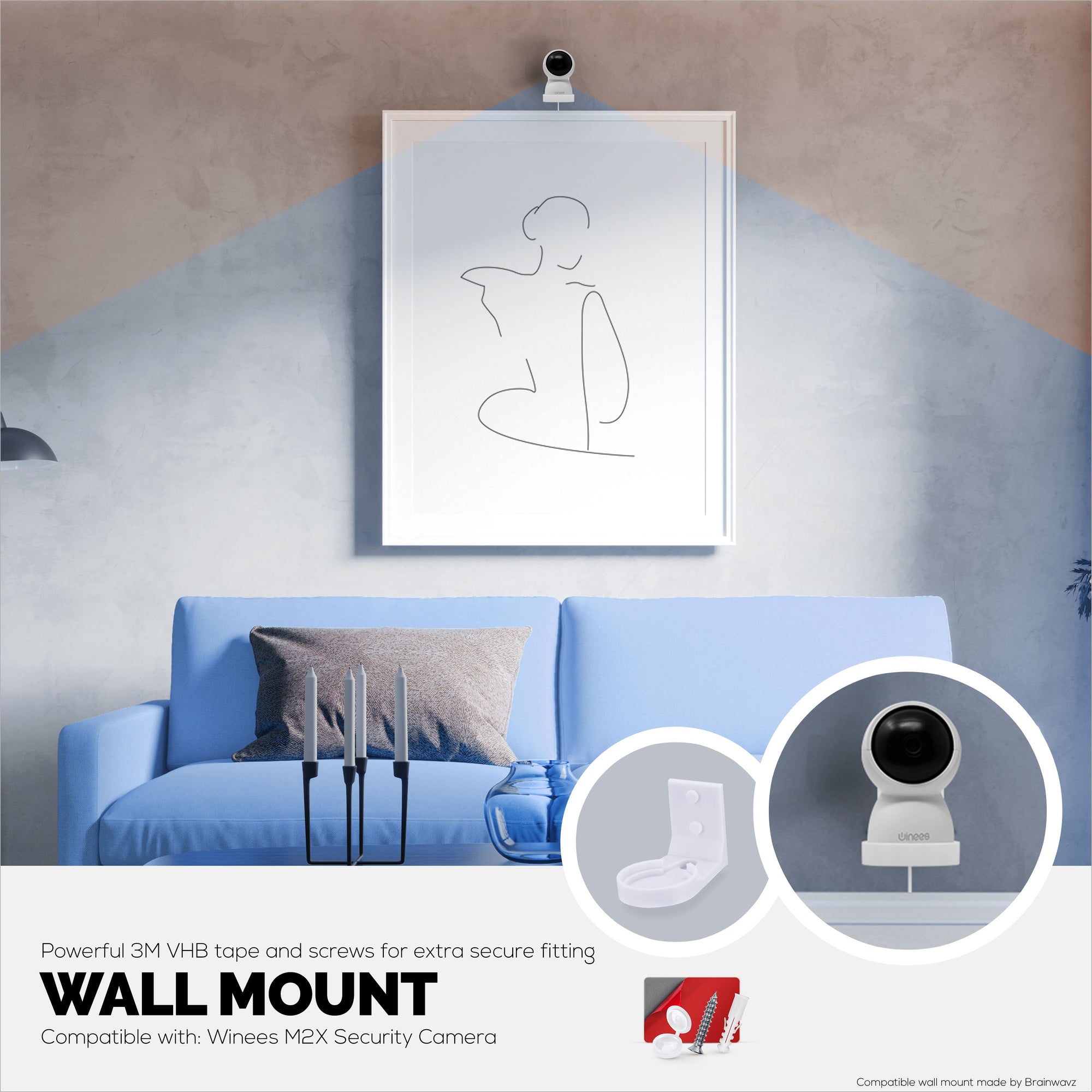 Screwless Wall Mount For Winees M2X Indoor Security Camera - Strong VHB Stick On Adhesive, Easy To Install, No Mess, Reduce Blind Spots &amp; Better Viewing, Bracket Holder Shelf